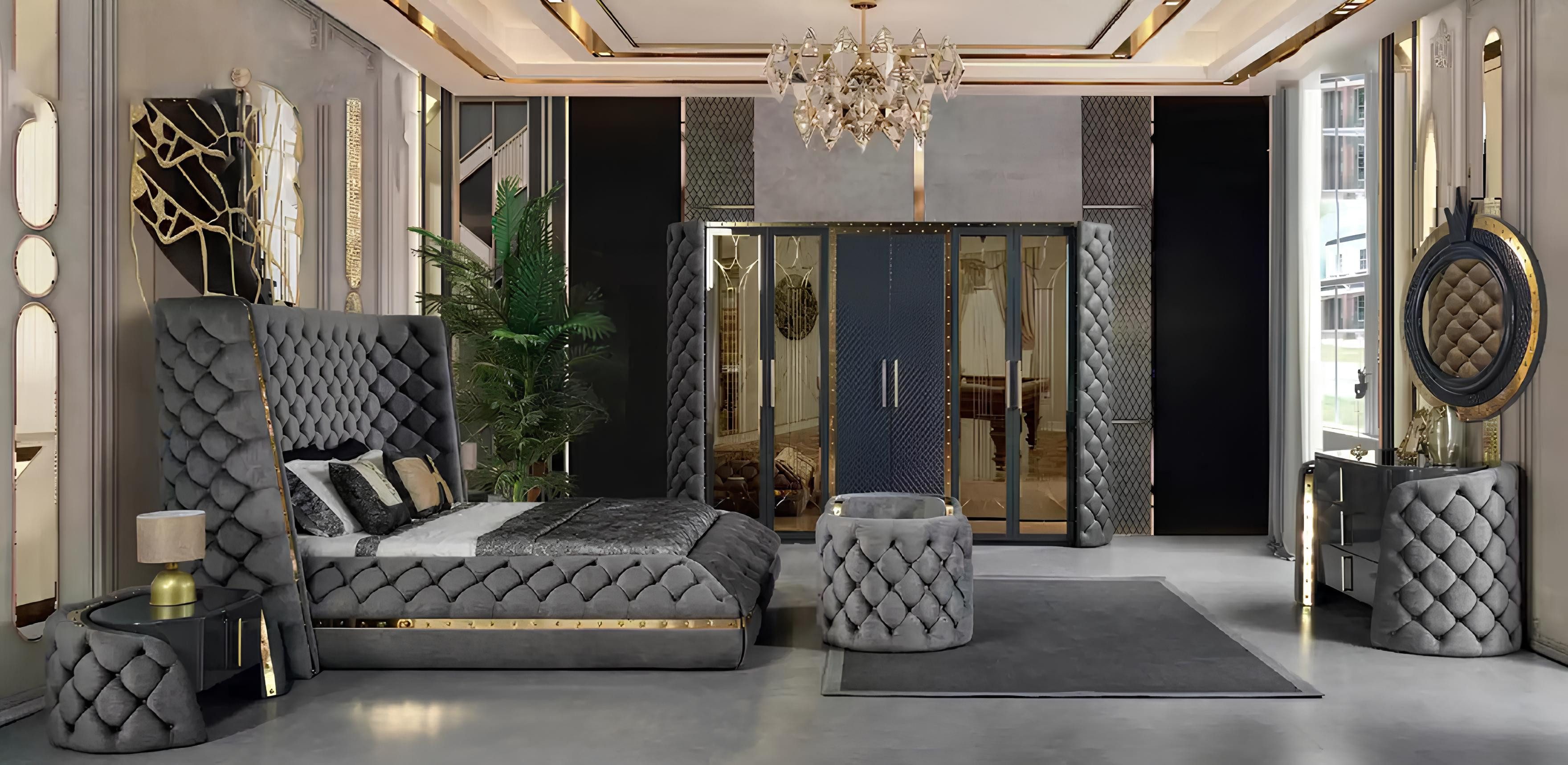 JVmoebel Komplettschlafzimmer Schlafzimmermöbel in modernem Design mit Holzoberfläche, (6-tlg., Bett/Schminktisch mit Spiegel/2x Nachttische/Kleiderschrank/Bank), Made in Europa