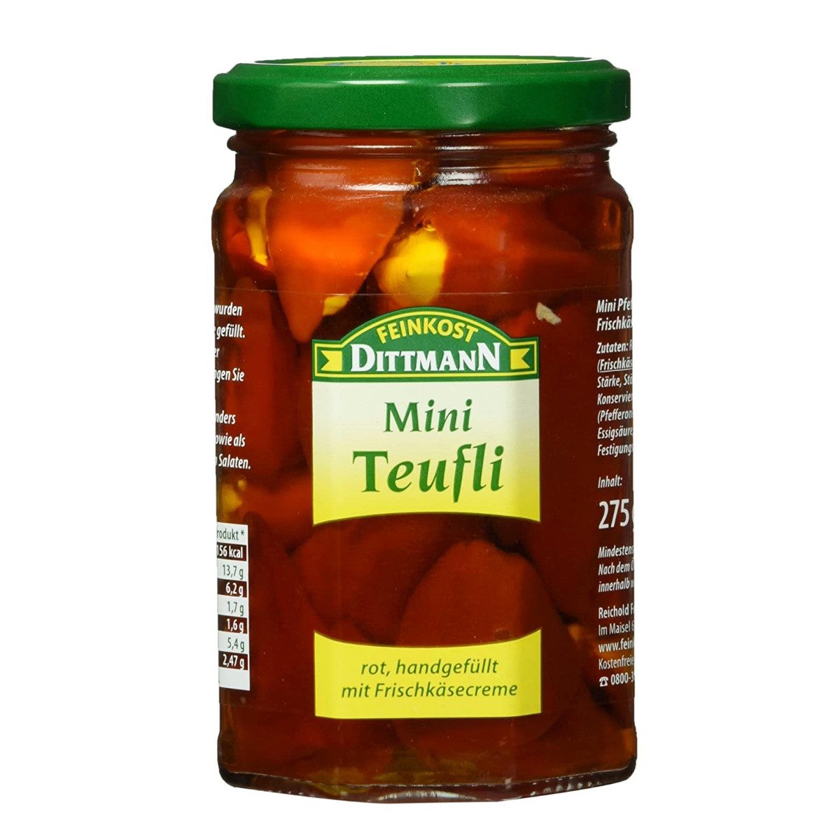 Feinkost Dittmann Gemüsekonserve, Feinkost Dittmann Mini Teufli rote Pfefferonen Frischkäse Füllung 275g