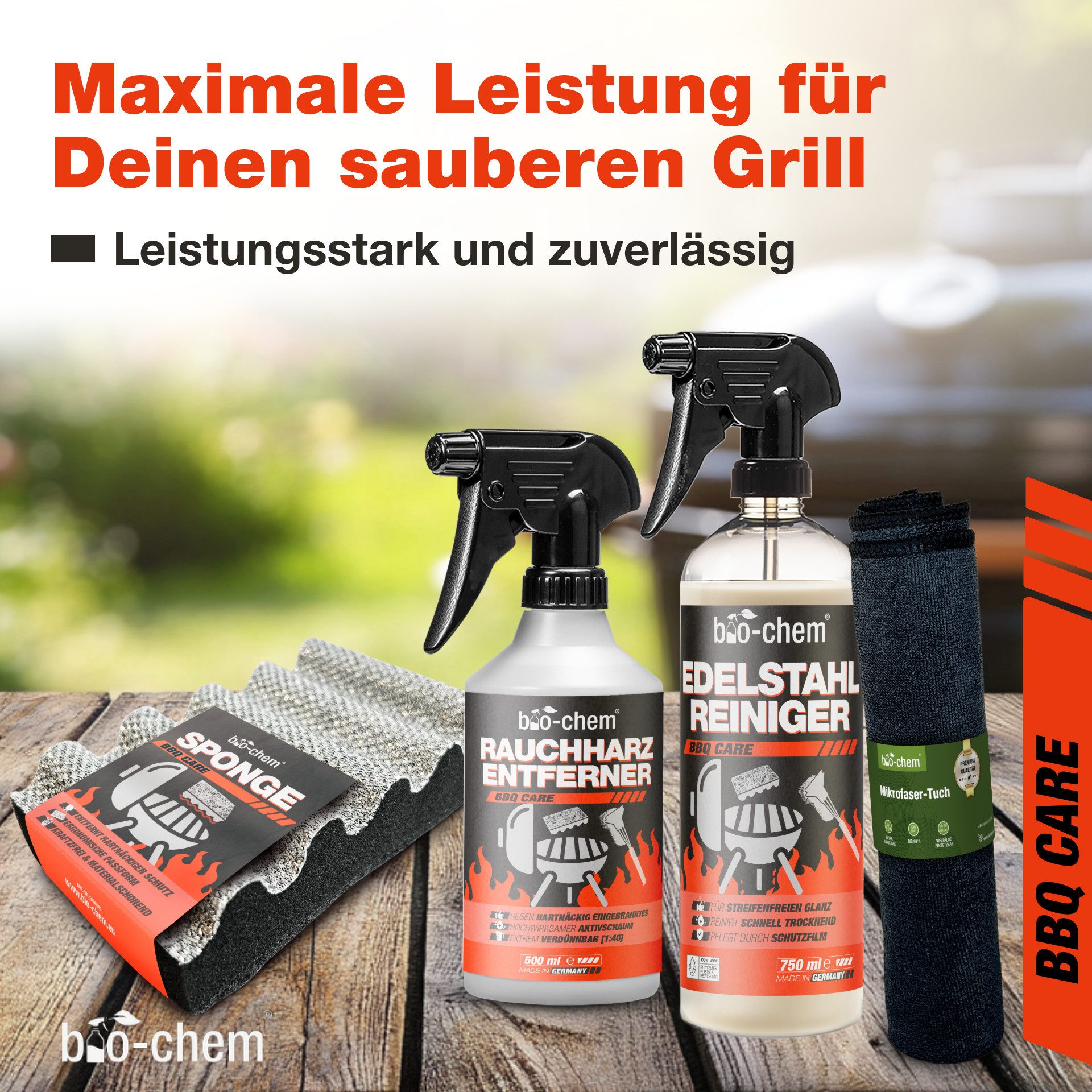 bio-chem Grillreiniger Set 4-teilig – Profi-Reinigung & Edelstahlreiniger Grillreiniger (Sparpaket, [- Rauchharz-Entferner, Edelstahl-Reiniger, Schwamm, Tuch 4-teiliges Set mit Reinigern & Zubehör)