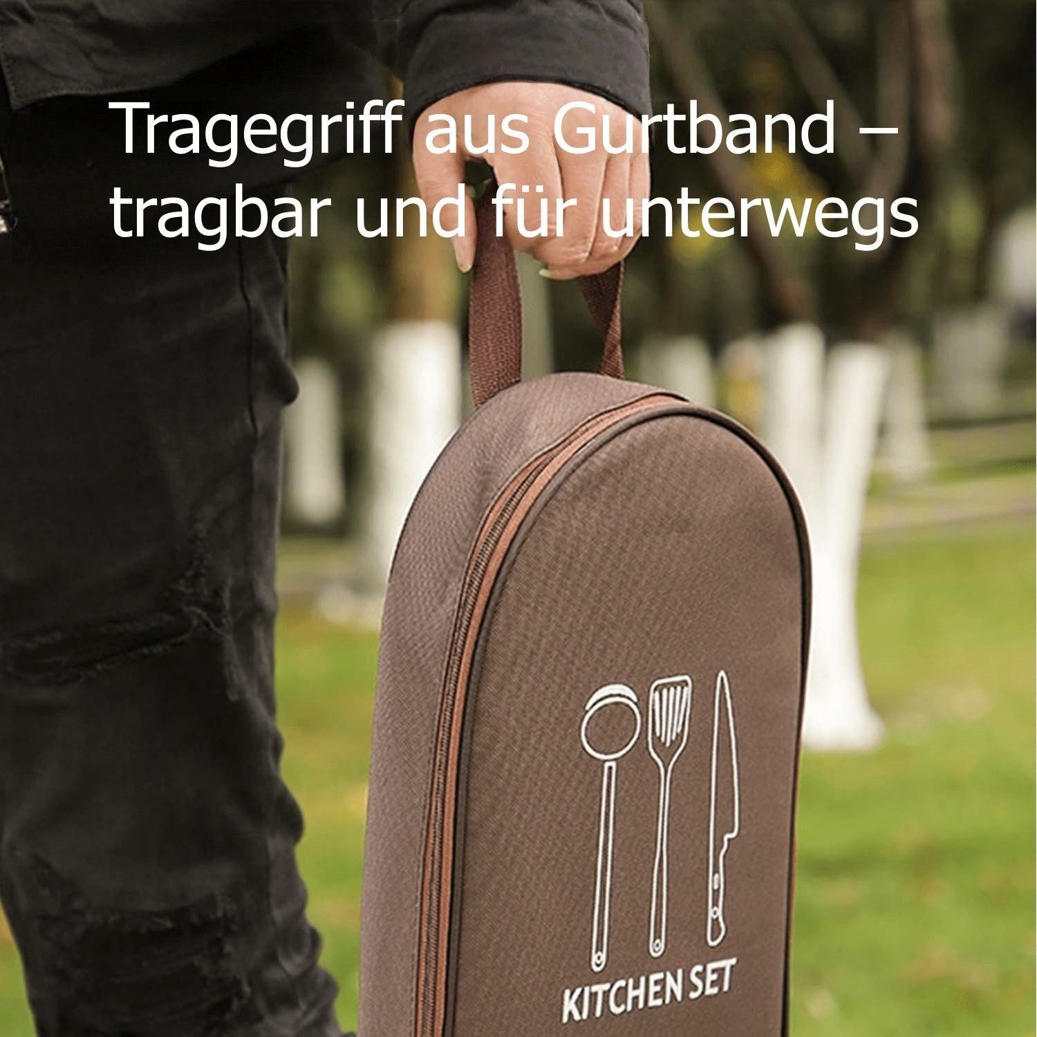 FOUORTUNATE-BEE Aufbewahrungstasche Integrierte Camping-Bestecktasche mit Doppelreißverschluss, Tragbares Outdoor-Kochgeschirr-Organizer mit Netzfächern
