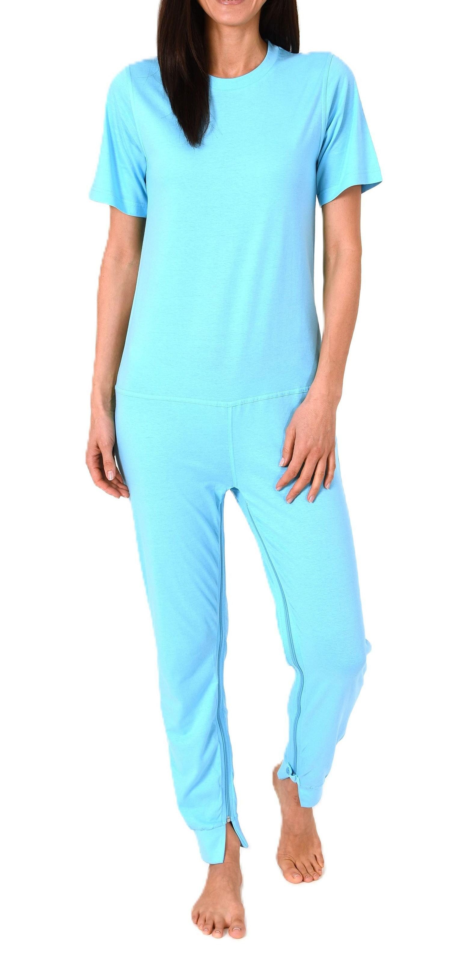 Normann Pyjama Damen Pflegeoverall kurzarm mit langen Bein + Reißverschluß am Bein