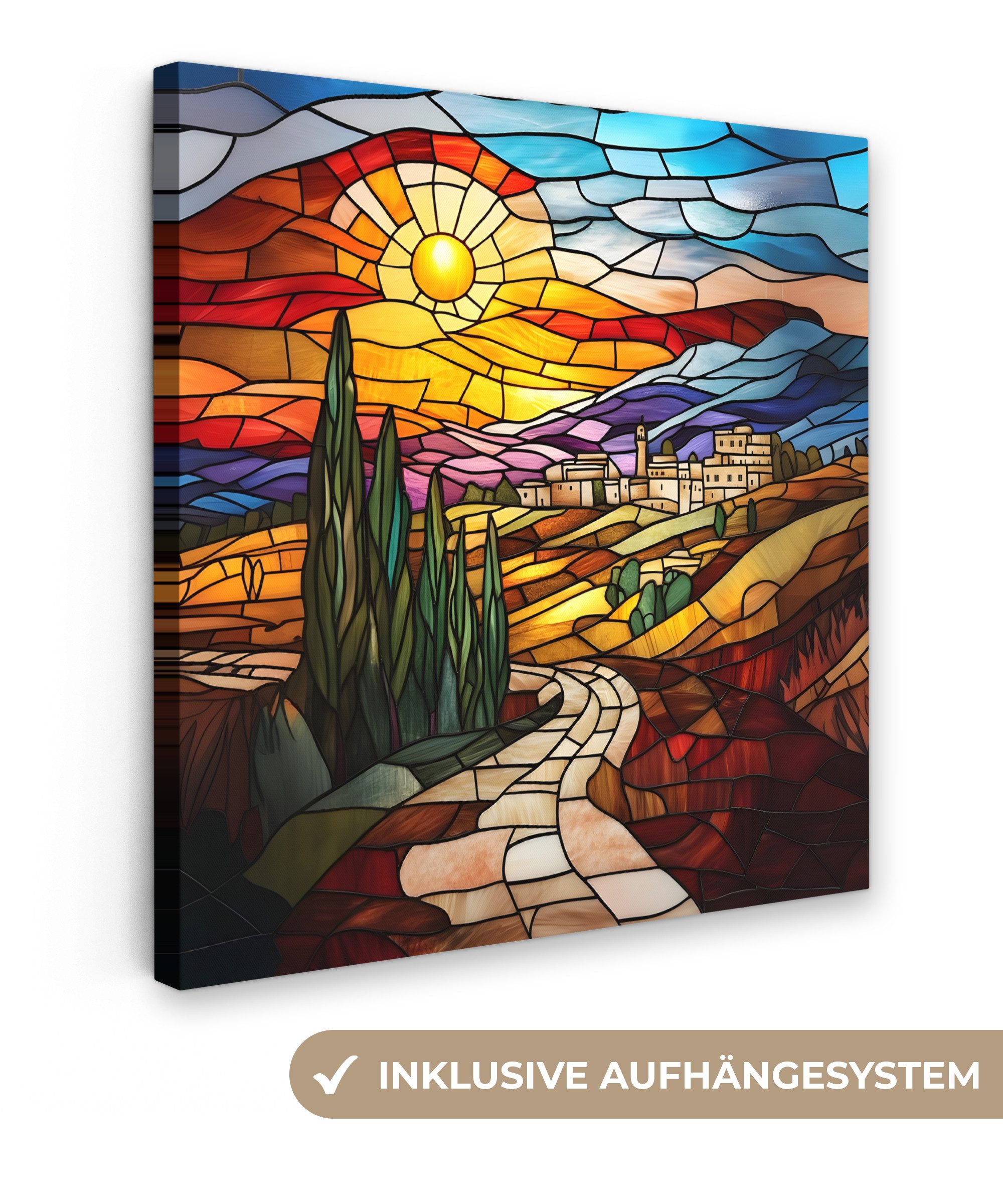 OneMillionCanvasses® Leinwandbild Mosaik - Sonne - Landschaft - Dorf, Fotodruck (1 St), Wandbild, Deko Schlafzimmer Wohnzimmer Flur 20x20 cm