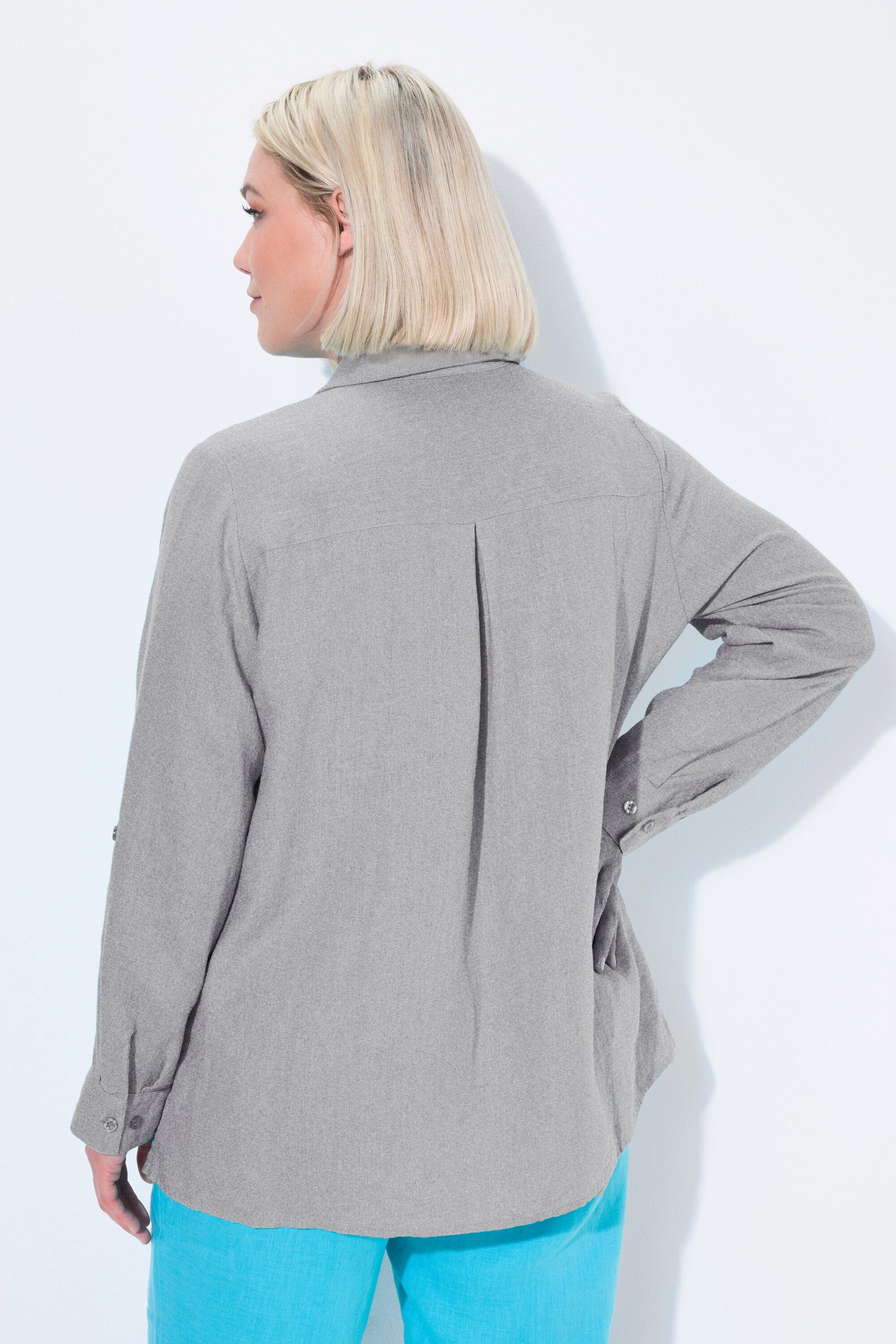 Ulla Popken Hemdbluse Bluse Leinen offener Kragen Langarm