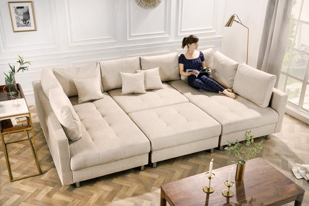 riess-ambiente Wohnlandschaft KENT 305cm champagner beige - Vogue Velours Samt, Metall, Federkern, Einzelartikel 1 Teile, XXL Couch in U-Form inkl. Hocker & Kissen - ideal für große Wohnzimmer