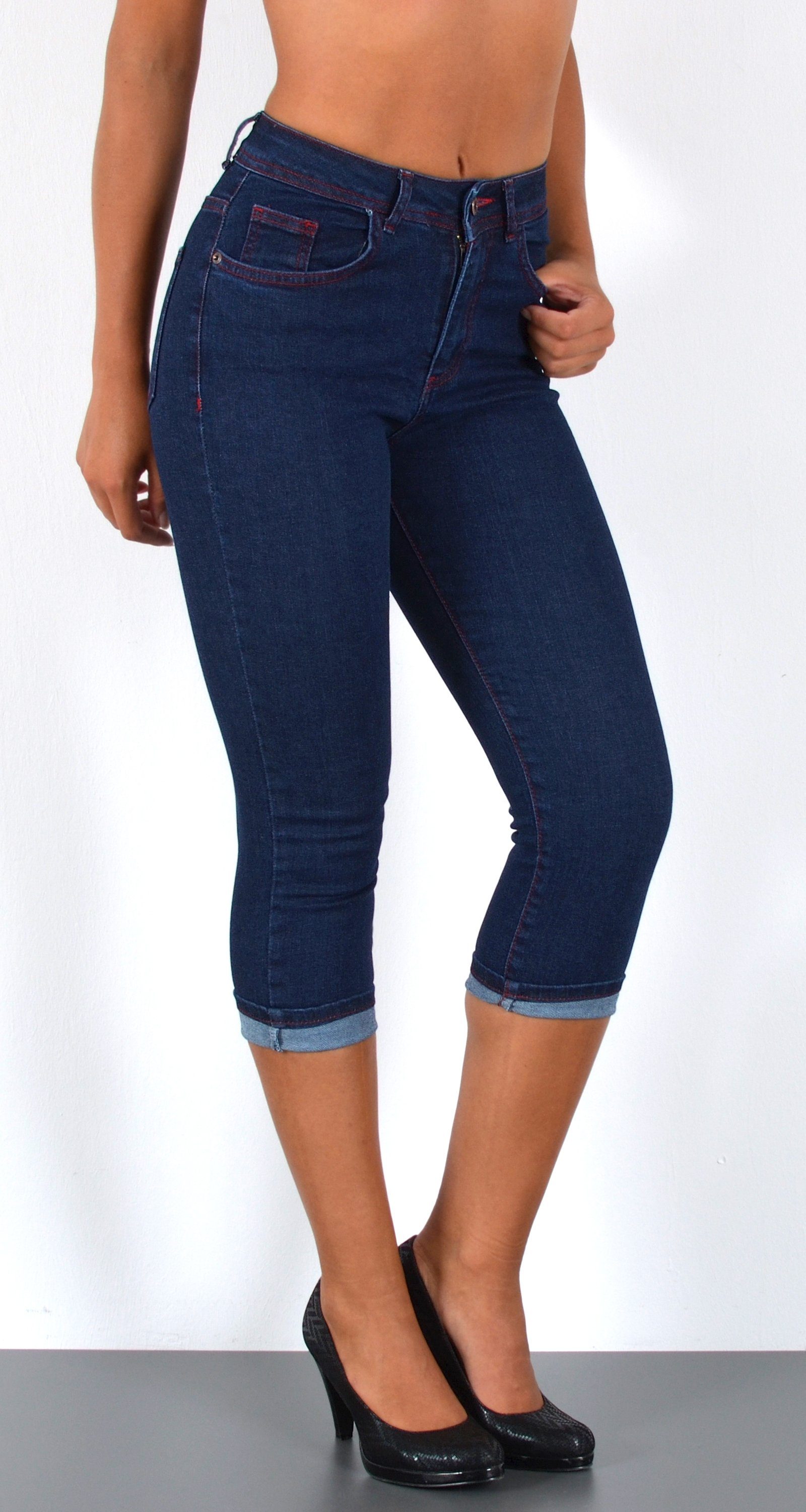 ESRA Caprijeans Damen 3/4 Capri Jeans Hoch-Bund Sommer Hose kurze Jeans Shorts J740 High Waist Capri Jeans Damen Sommer Hose Stretch-Jeans bis Übergröße