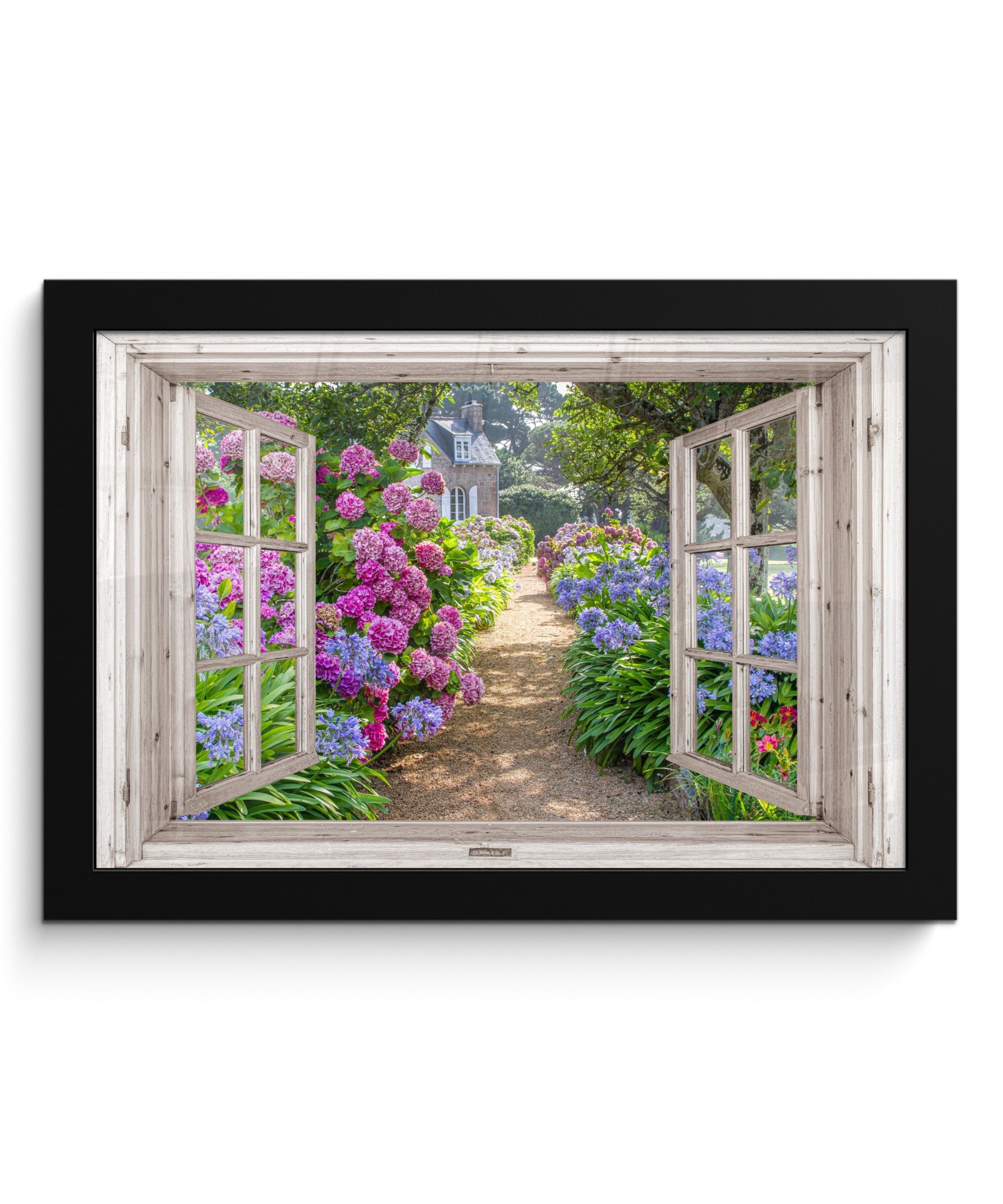 Poster Hortensie - Fensterblick - Blumen - Sommer - Lila - Weg