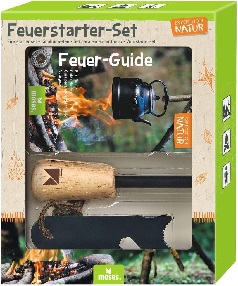 Moses. Verlag Feuerzeug Expedition Natur Feuerstarter-Set, Feuerstahl für Outdoor & Survival (3-St), Magnesium Feuerstarter mit Flaschenöffner Sechskantschlüssel & Guide