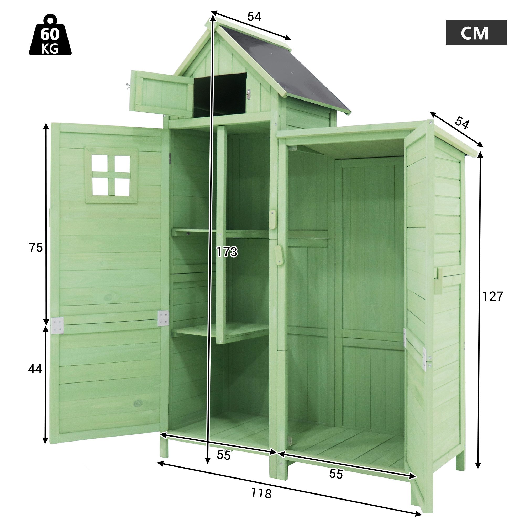 Thumbnail - IDEASY Gerätehaus Gartenschrank 118x54x173cm, Gartenhaus für Garten, Terrasse, wetterfester Holzschrank mit PVC-Dach, Gr...