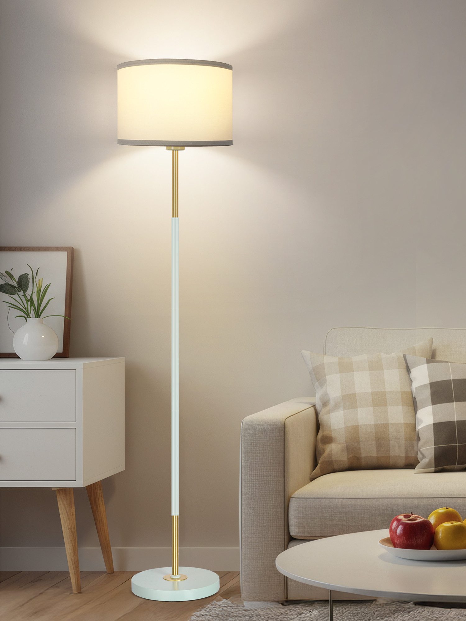 OUTON Stehlampe mit Fußschalter, 3 Farbtemperaturen, Leinenschirm, LED wechselbar, Gold/Schwarz Design, 152cm