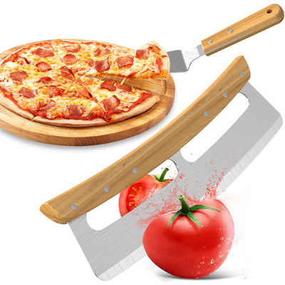 IBETTER Kochmesser Pizzamesser Pizzaschneider und Pizzaspachtel aus Edelstahl, Mit Bambusgriff und Klingenschutz,Perforiertes Design zum Aufhängen