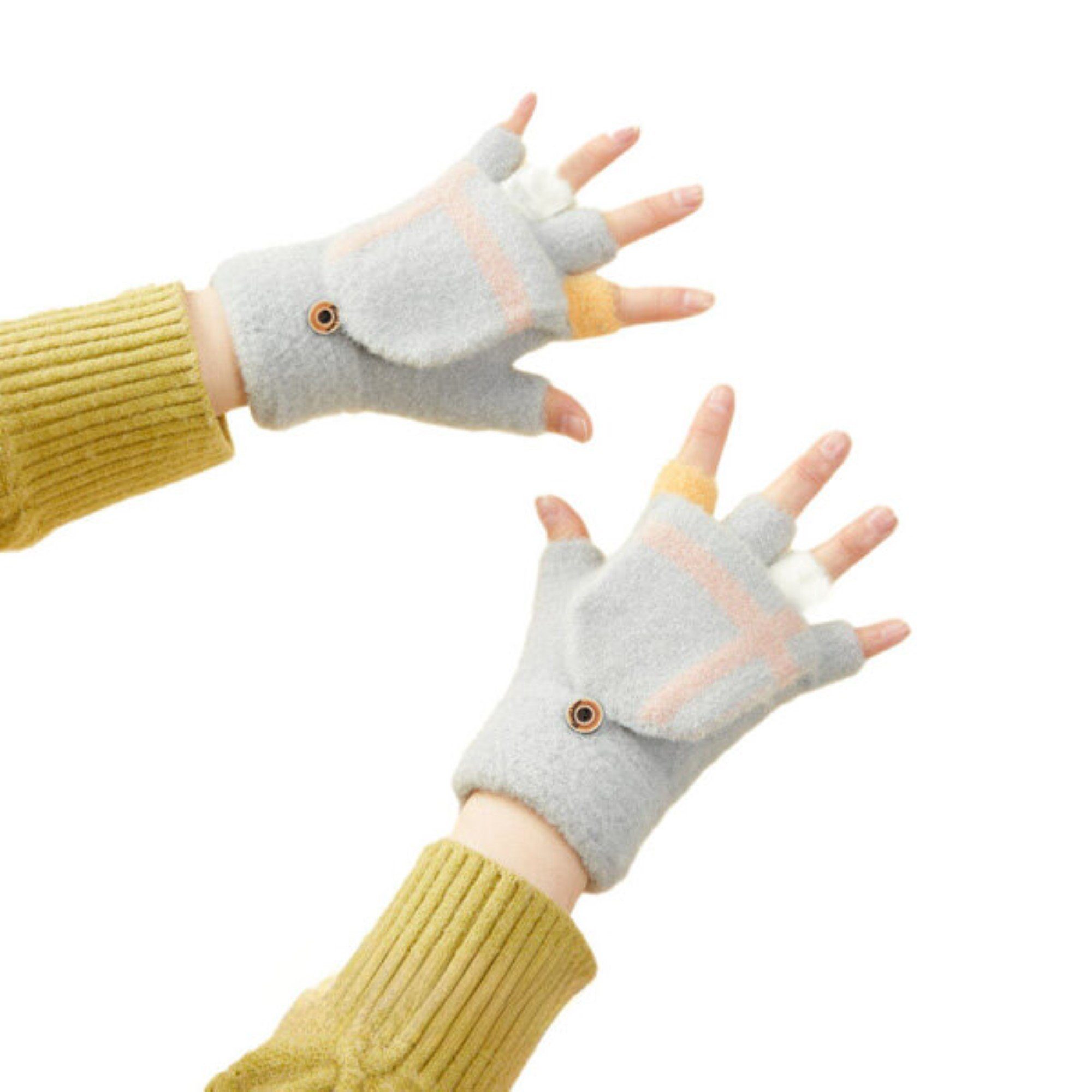 COFI 1453 Fäustlinge Winter-Telefonhandschuhe für Damen und Kinder mit Muster und Knöpfe Grau