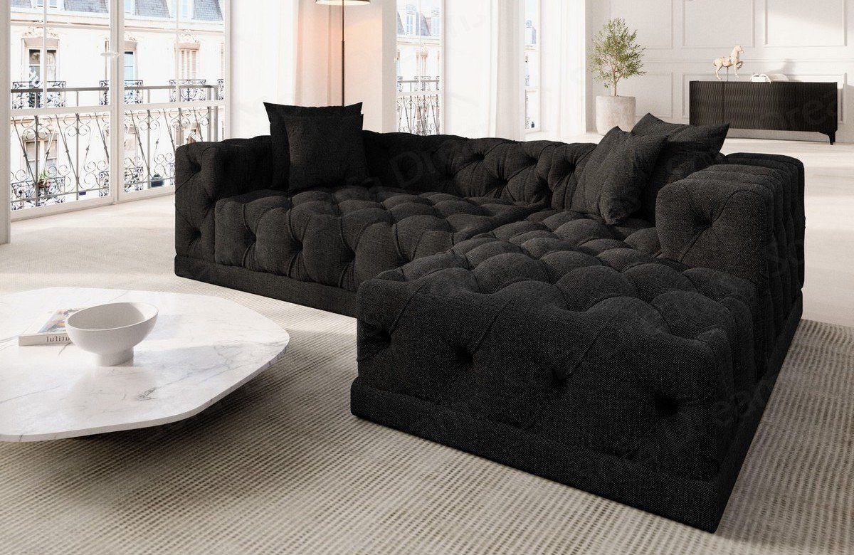 Sofa Dreams Ecksofa Strukturstoff Stoff Polster Sofa Palma L Form kurz Stoffsofa, Chesterfield Style, Loungesofa schwarz99