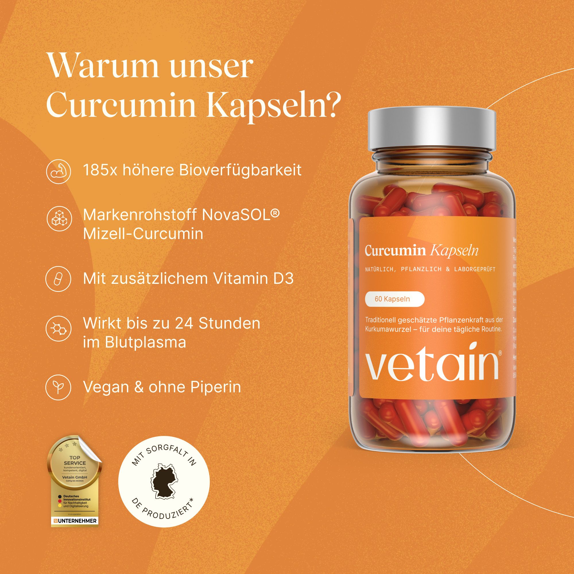 VETAIN Curcumin Kapseln - 185x höhere Bioverfügbarkeit - NovaSOL Curcumin Kapseln, Flüssig-Kapseln à 60 St., 36 g, Optimierte Mizell-Form