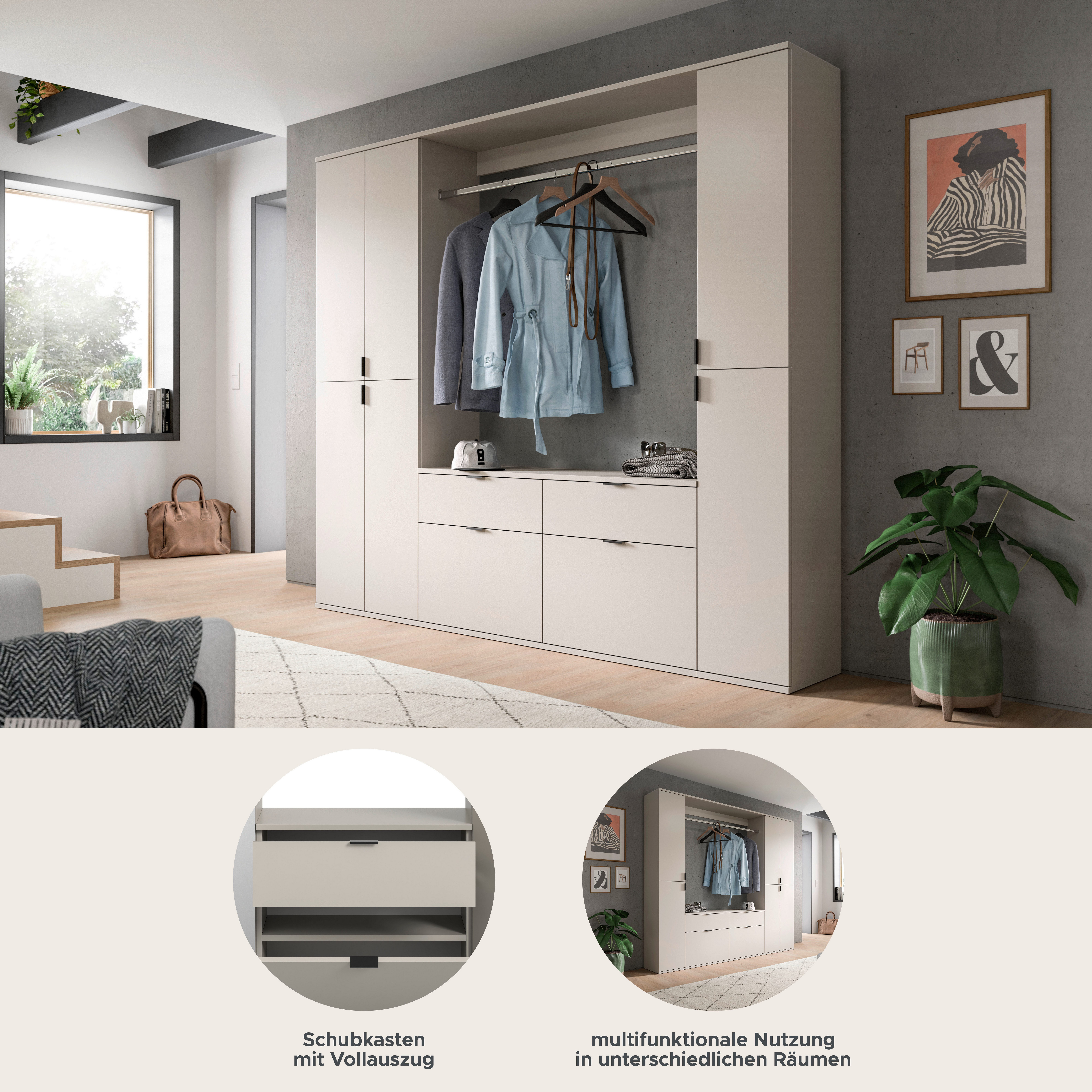 Home affaire Garderoben-Set TRONDHEIM, 5-teilig, Breite 212cm, individuell platzier- & erweiterbar, (Set, 4-St., bestehend aus: 2x Garderobenschrank & 3-tlgs. Zwischenbauelement), Garderobenschrank, Kleiderschrank, Schrankkombination, Garderobe