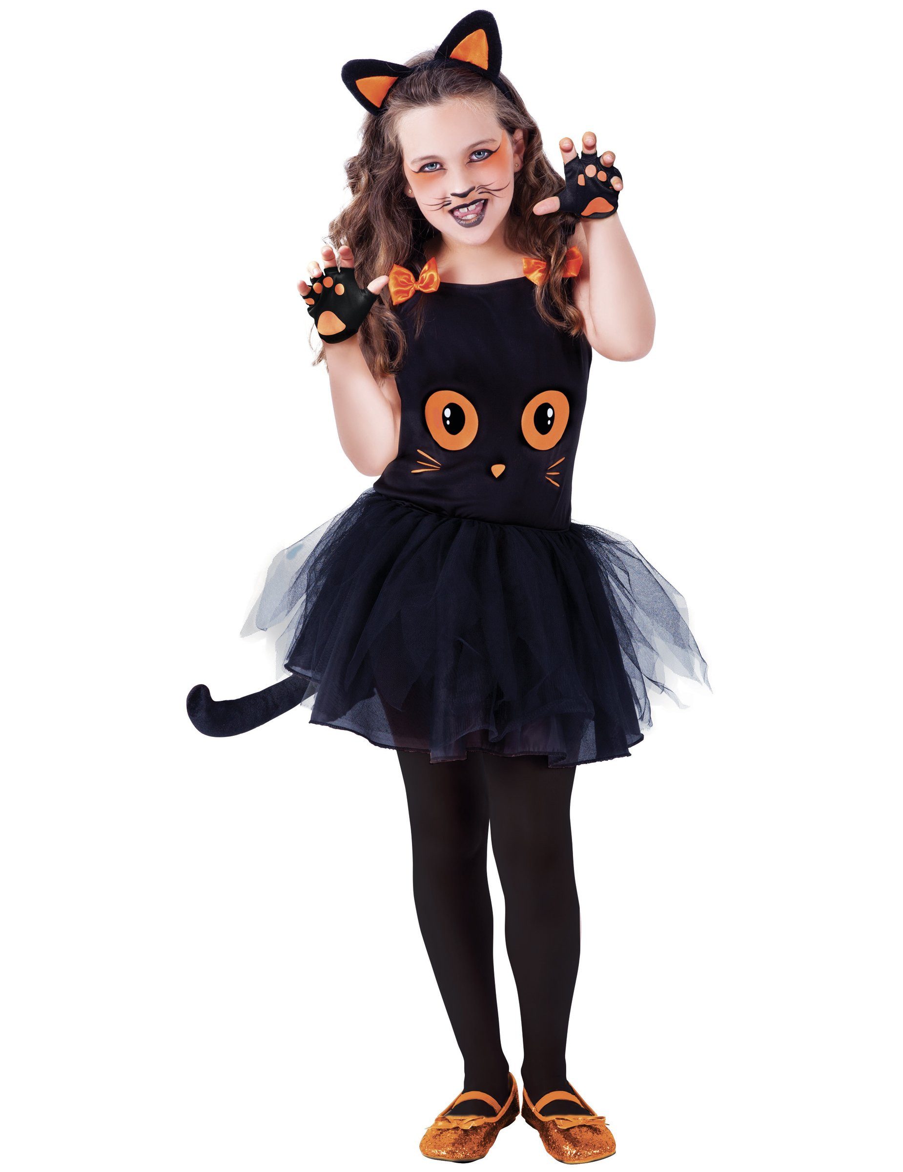 Kostüm Süsses Katzen-Kostüm für Mädchen Halloweenkostüm schwarz-orange