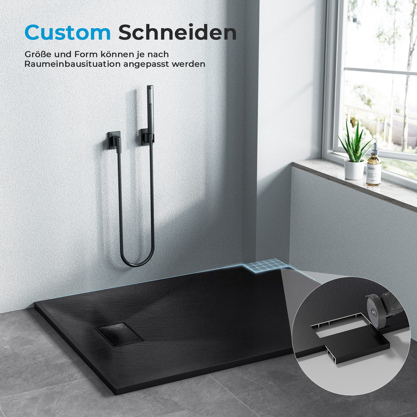 Heilmetz Duschwanne Duschtasse Rutschfestes Design mit Steinoptik Extraflach Brausetasse, Quadratisch, SMC, Schneidbar, Eckduschwanne 90 x 90 cm, 80 x 80 cm – Bild 4 von 5