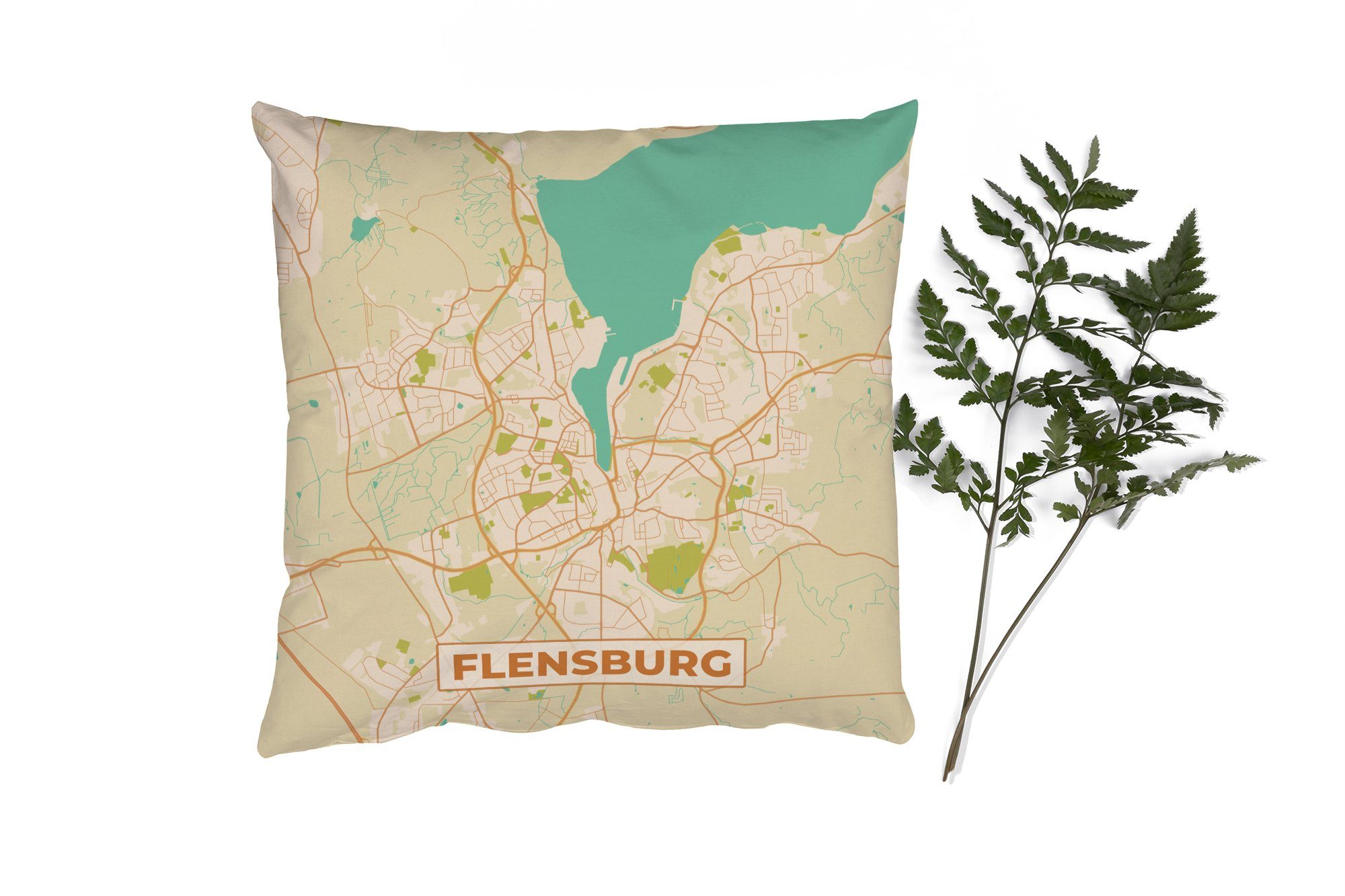 MuchoWow Dekokissen Flensburg - Karte - Stadtplan - Vintage, Zierkissen mit Füllung für Wohzimmer, Schlafzimmer, Deko, Sofakissen | Dekokissen