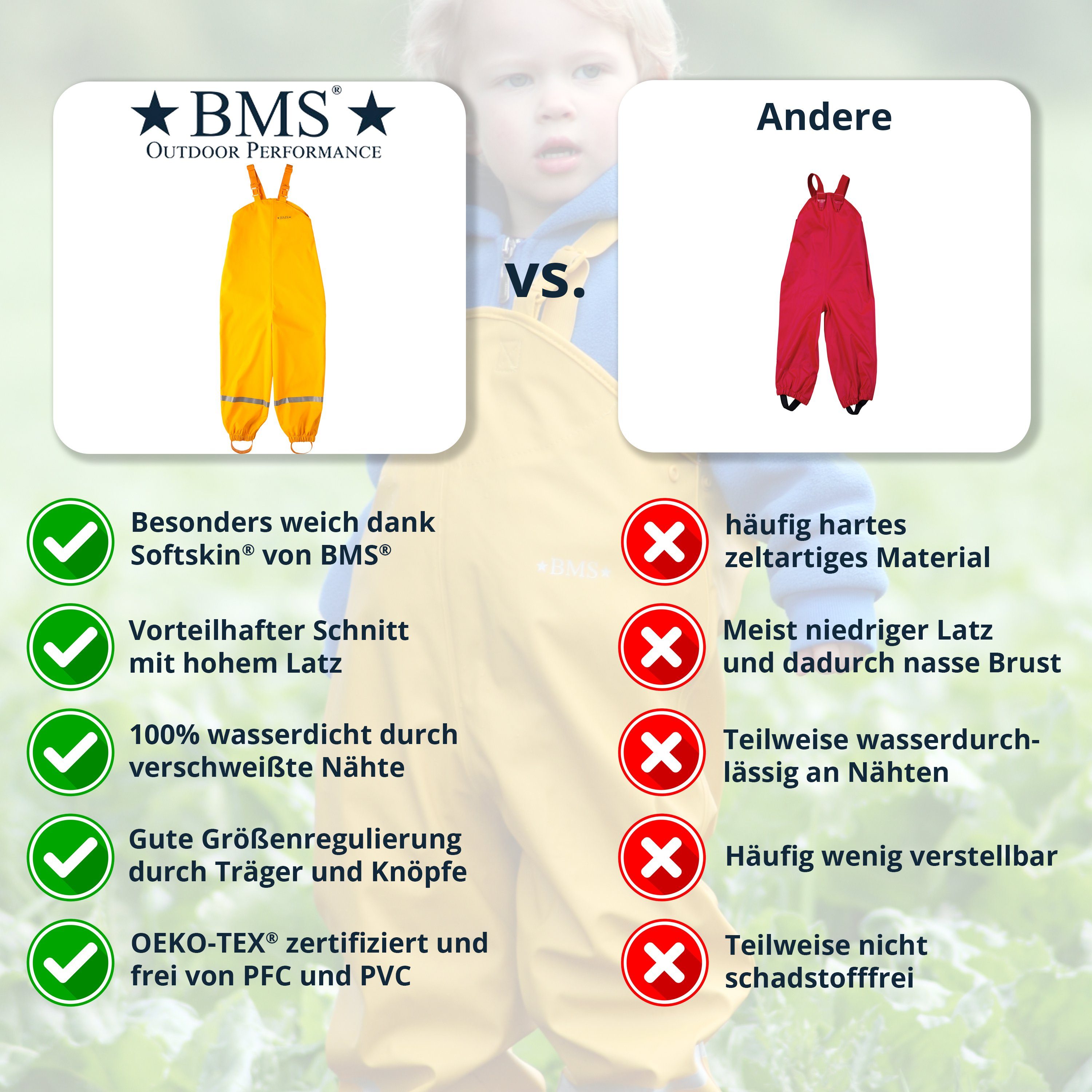 BMS Regen- Matschhose (1-tlg) 100% wasserdicht - Regenhose - Buddelhose BMS gelb und - Matschlatzhose