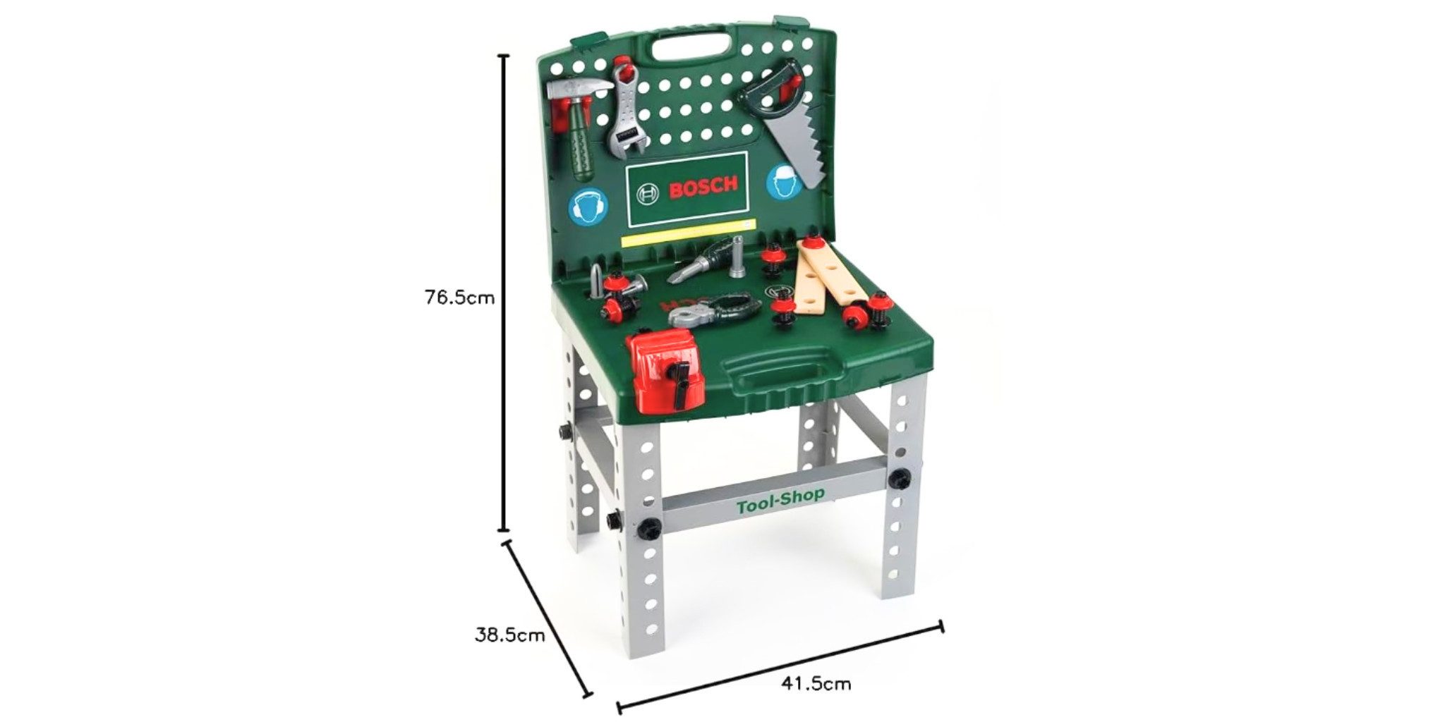 Theo Klein Kinder-Werkzeug-Set Theo Klein 8681 Bosch Werkbank klappbar (Bosch Tool Shop, 32-tlg), (32-teilig (Werkbank + Werkzeug + Zubehör), klappbar tragbar platzsparend 32-teilig original Bosch-Design