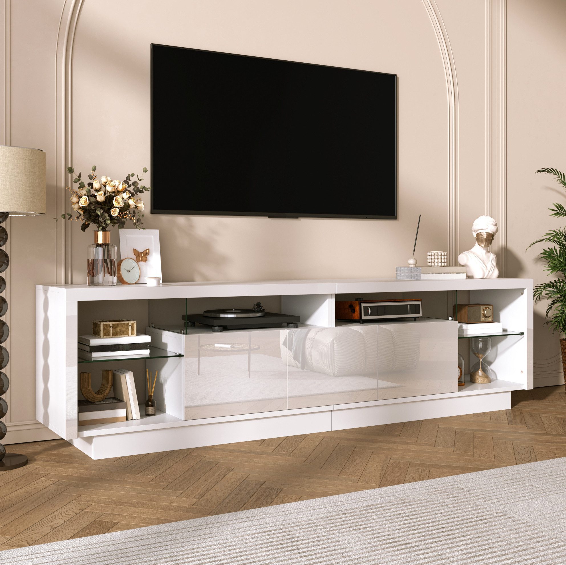 REDOM TV-Schrank Design-Lowboard – Hochglanz, LED & Glasfächer (Packung, 1-St., Weiß/Hochglanz, 200×55×38 cm, für moderne Räume) App-Steuerung, mehrfarbige Beleuchtung