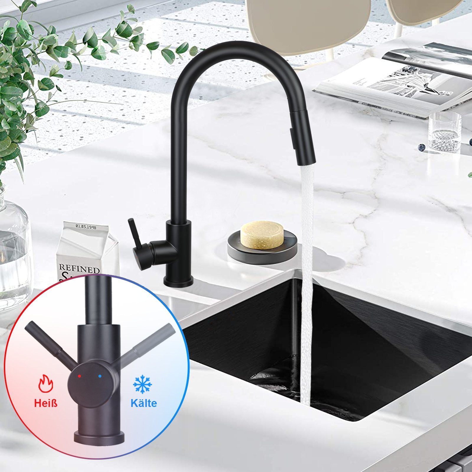 Nettlife Küchenarmatur Wasserhahn Schwarz Ausziehbar 360° Drehbar Armatur Edelstahl (Mischbatterie) mit 2 Stahlarten