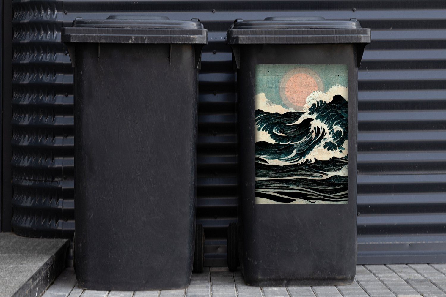 MuchoWow Wandsticker Jahrgang - Wellen Container, Sticker, Abfalbehälter - Mülltonne, Mülleimer-aufkleber, Sonne (1 - Meer St)