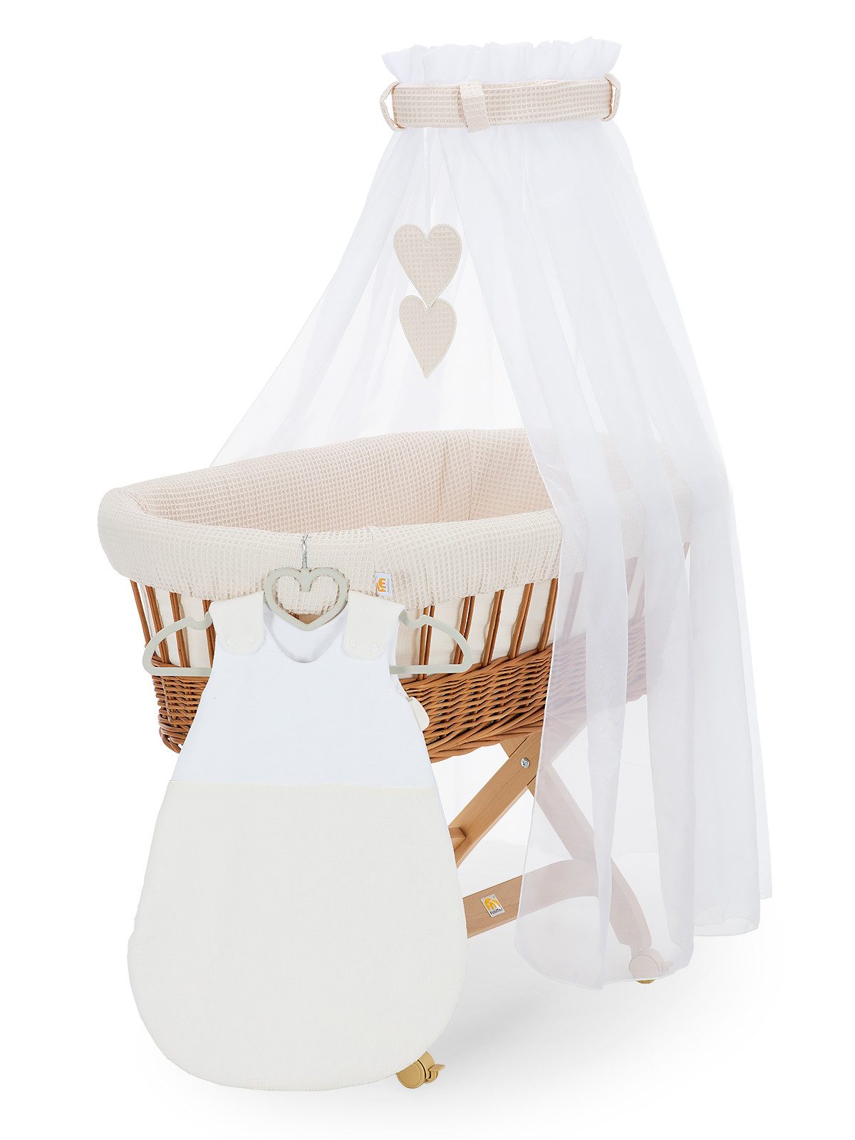 FabiMax Stubenwagen naturbelassen, Komplettset, Musselin & Waffelpiqué, Inkl. Matratze, Nestchen & Schlafsack