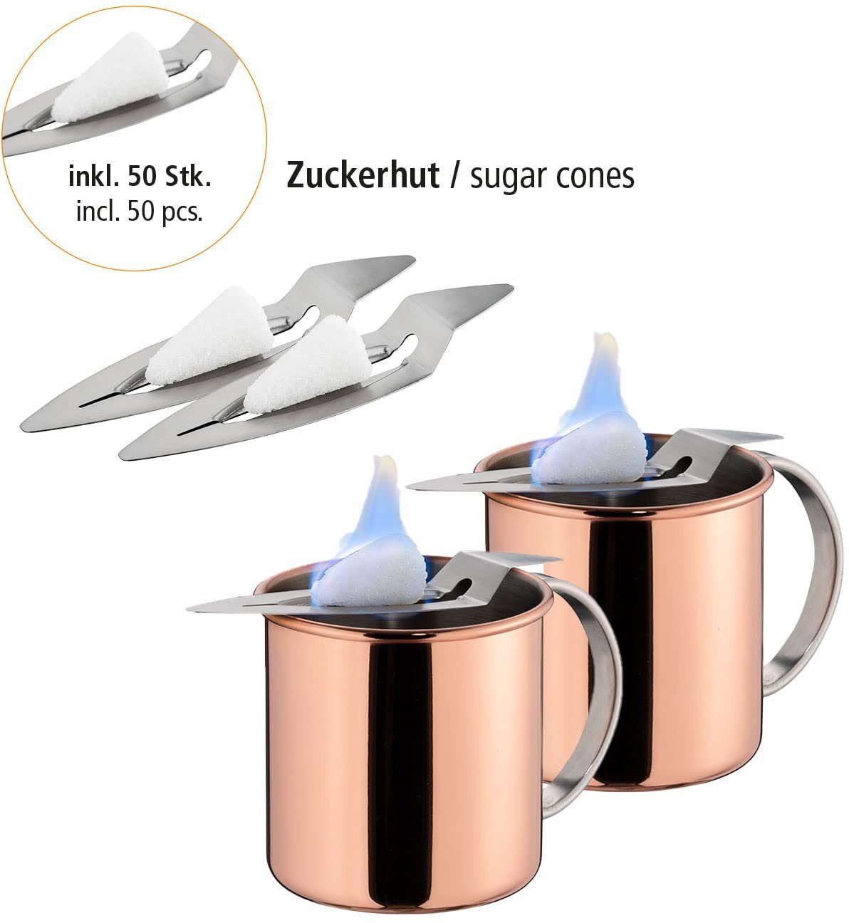 APS 2 + Tasse, Becher Mini-Zuckerhüte 2 Kupferlook, im Mini-Feuerzangen Edelstahl, inkl. 50