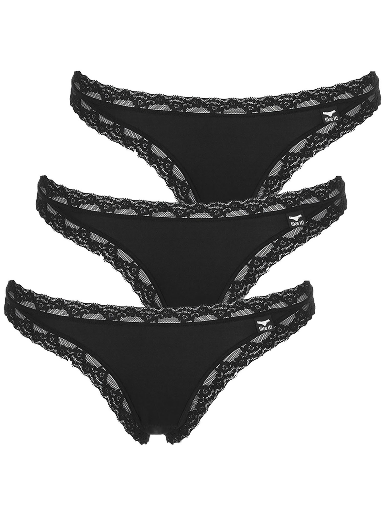 like it! String 3er Pack Damen String Olivia (Packung, 3-St) Abschlüsse aus elastischer Spitze, glatte Ware mit feinem Glanz