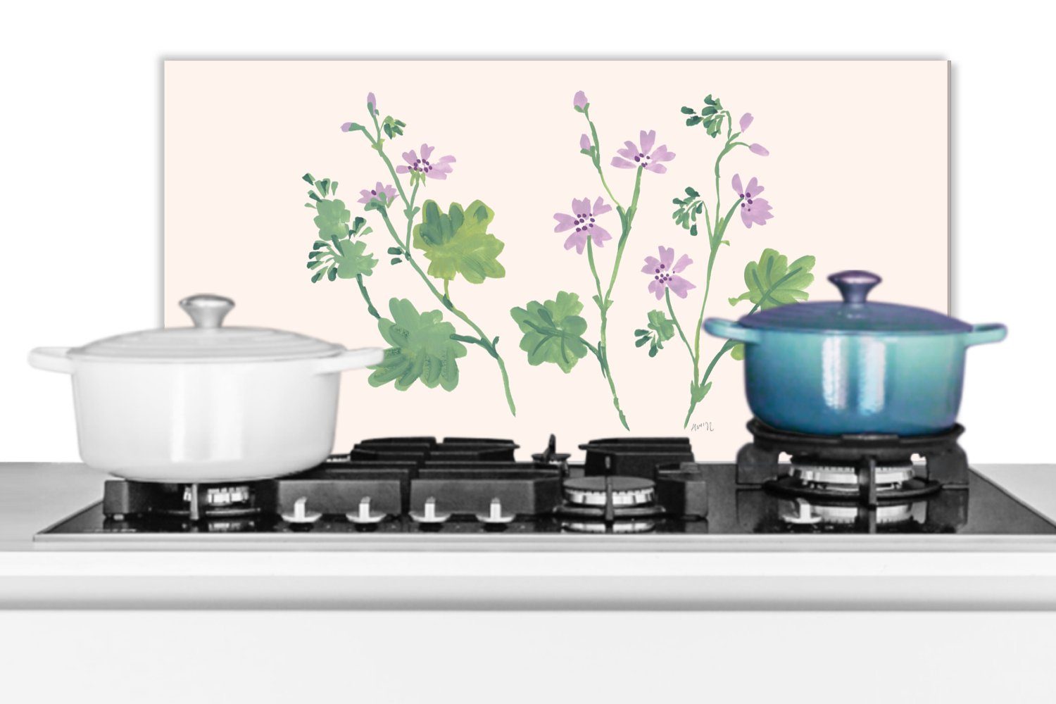 MuchoWow Küchenrückwand Blumen - Pflanzen cm, Schmutzflecken - für und - Rosa, Fett Beige 60x30 Küchen (1-tlg), Wandschutz, gegen