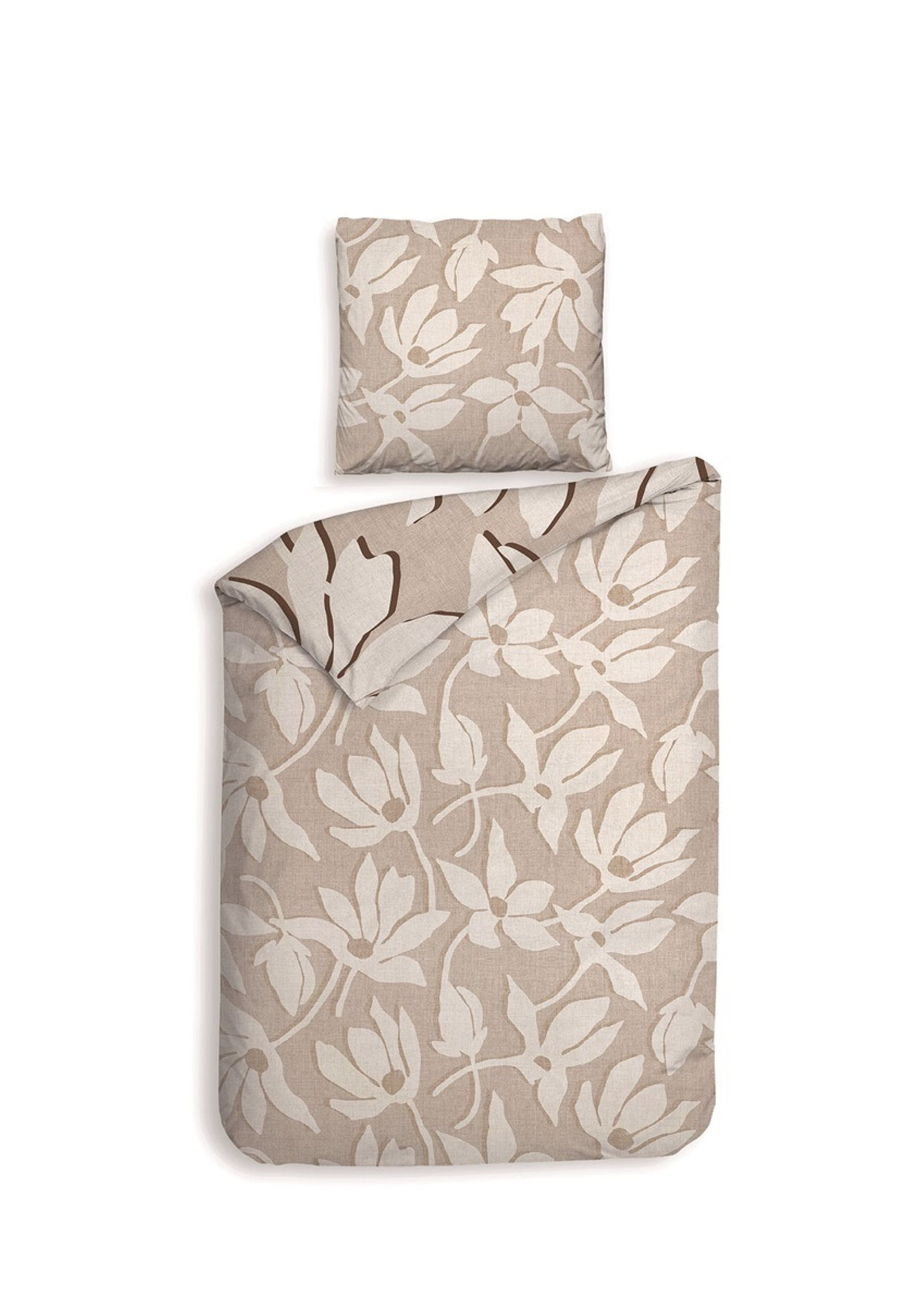 Heckett and Lane Bettwäsche Heckettlane Satin Bettwäsche 135x200 Sanaa Safari beige Blüten Blätter, Mako-Satin, 2 teilig, für den Sommer und Winter