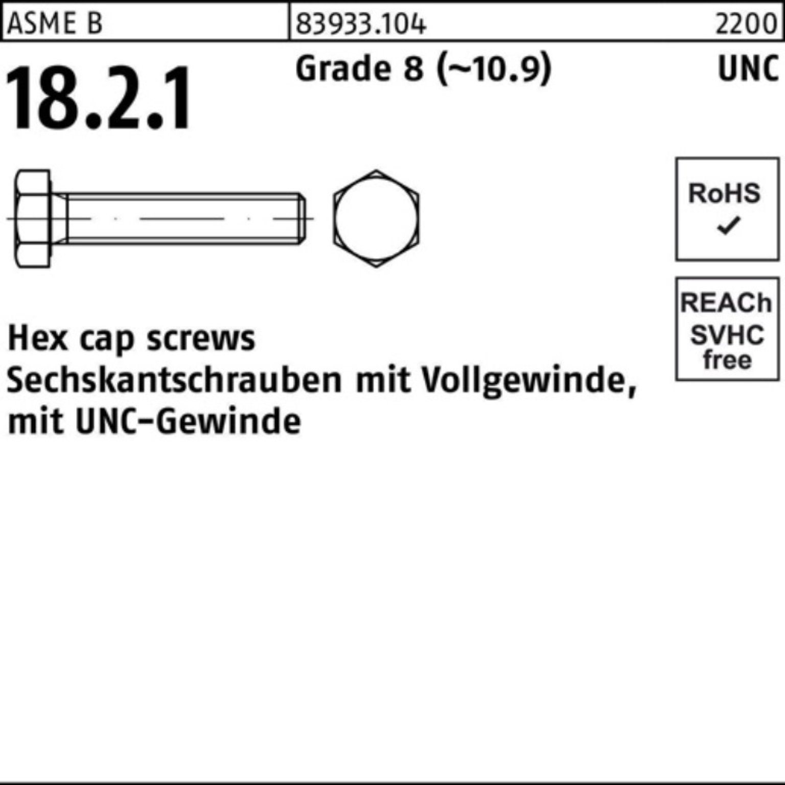 Reyher Sechskantschraube 100er Pack Sechskantschraube R 83933 UNC-Gewinde VG 1x 1 3/4 Grade 8