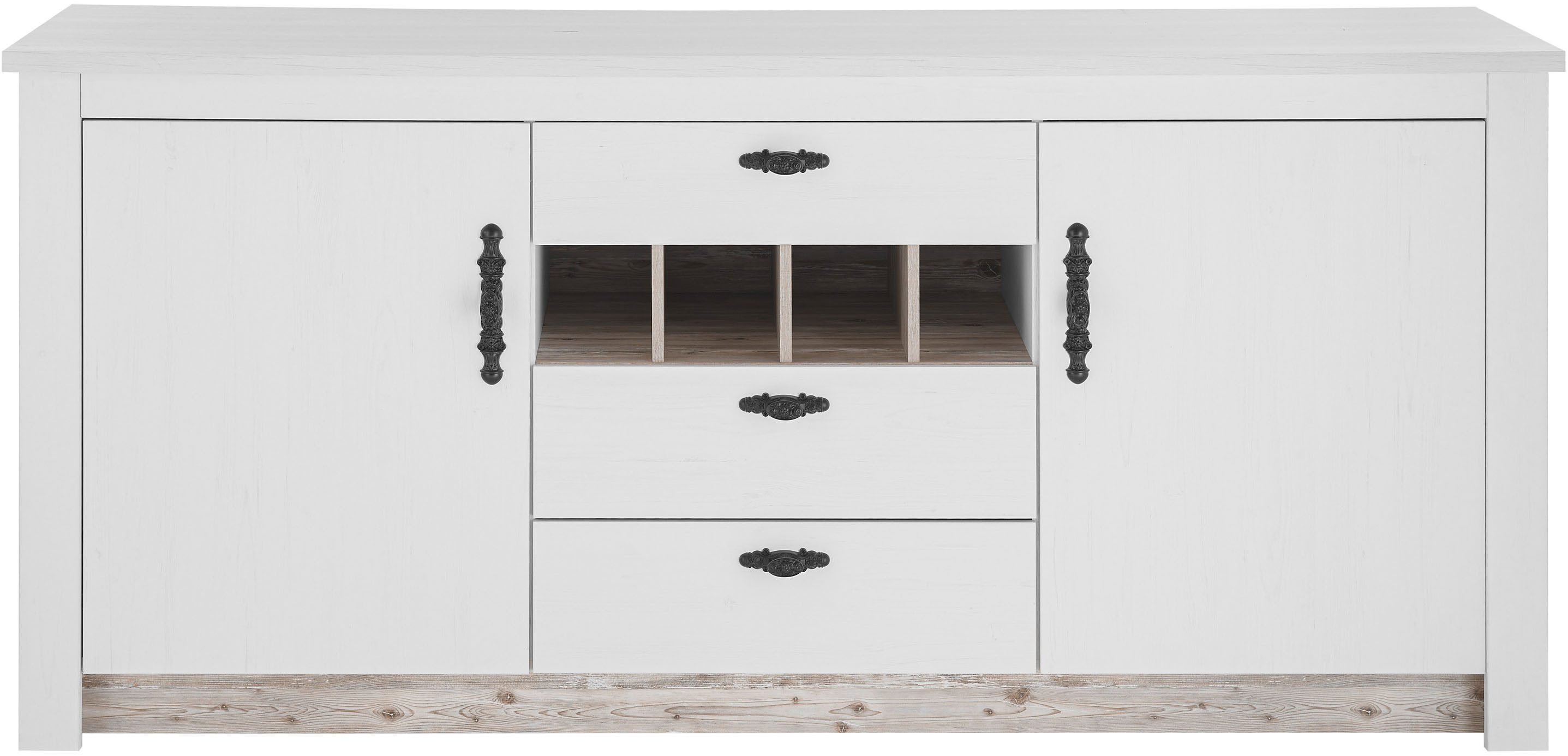 Home affaire Unterschrank Florenz, Küchenunterschrank in Pinie Weiß, Unterschrank mit verschnörkeltem Metallgriff, im Landhausstil, Arbeitshöhe 92 cm
