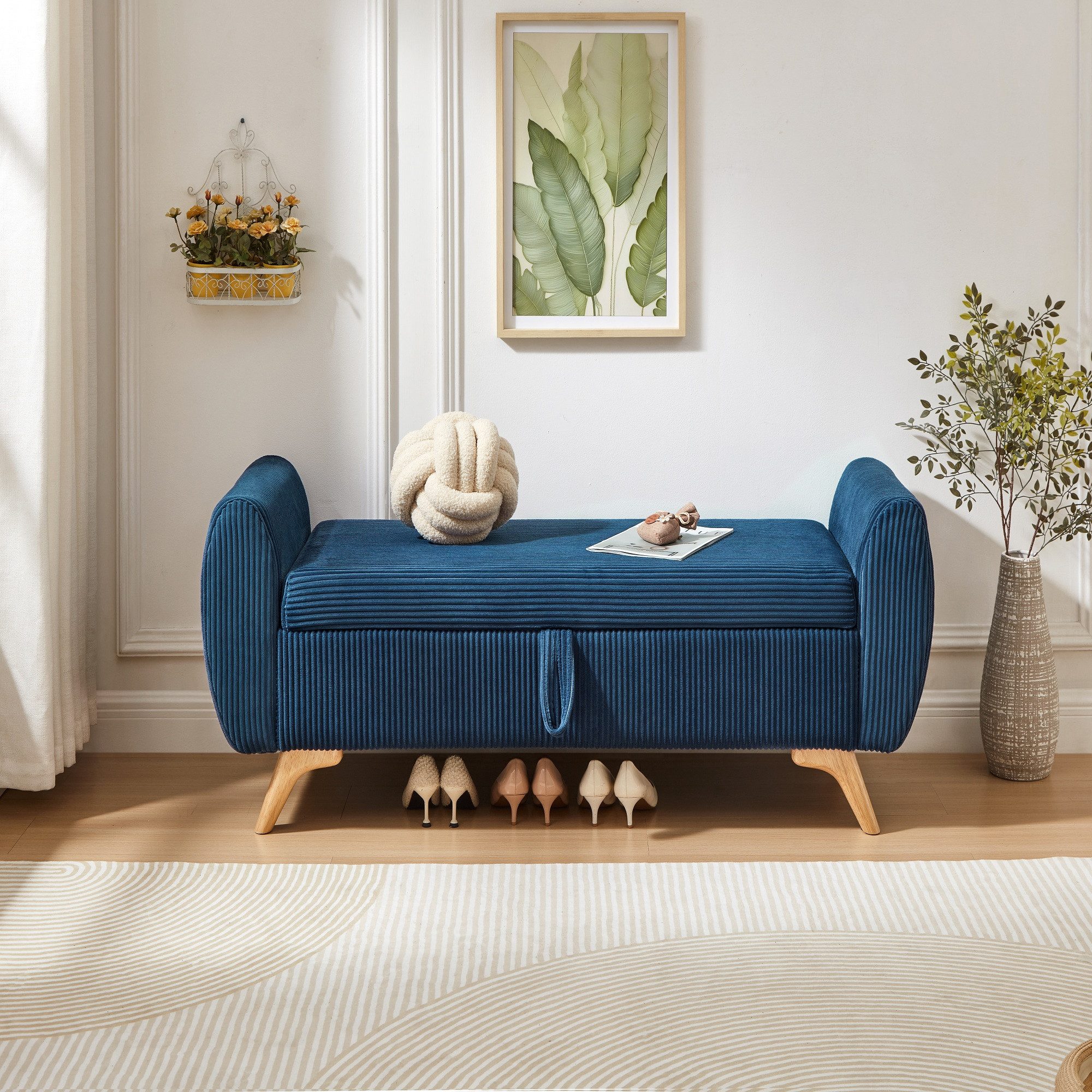 i@home Bettbank Truhenbank mit Stauraum, Armlehne klappbare Cord‑Sitzbank (mit Massivholzbeinen, atmungsaktiver Cordstoff, 1-St), gepolsterte Polsterbank für Schlafzimmer, Flur & Wohnzimmer