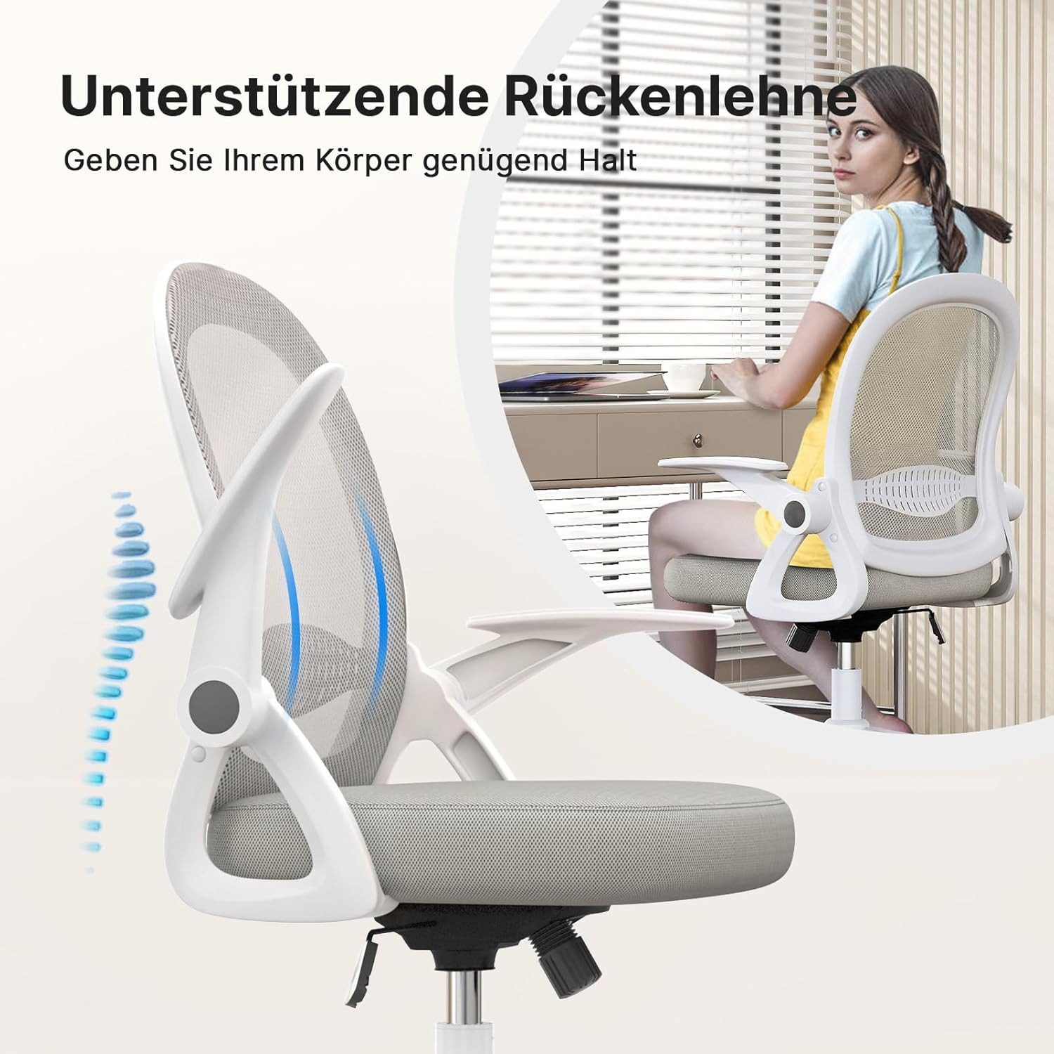 ZAISZE Bürostuhl Ergonomisch, Schreibtischstuhl mit Atmungsaktiver Rückenlehne (Chefsessel aus Mesh, Drehstuhl 360°, Verstellbarer Armlehnen, Höhenverstellbar), Einstellbarer für maximale Bewegungsfreiheit