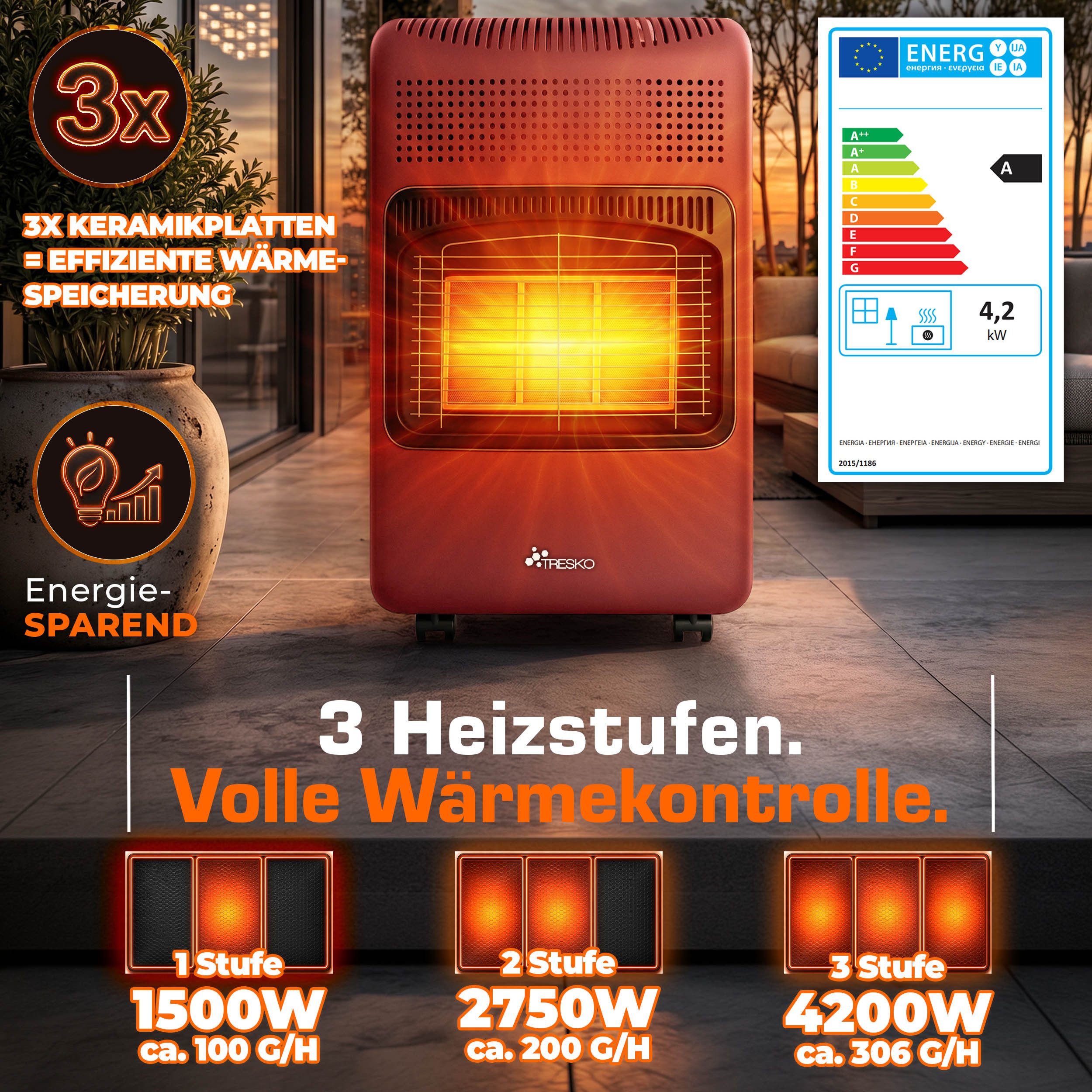 TRESKO Heizstrahler 4200 W Gasheizung + Abdeckung Gasheizer 3 Stufen Gasofen Gasheizofen – Bild 4 von 5