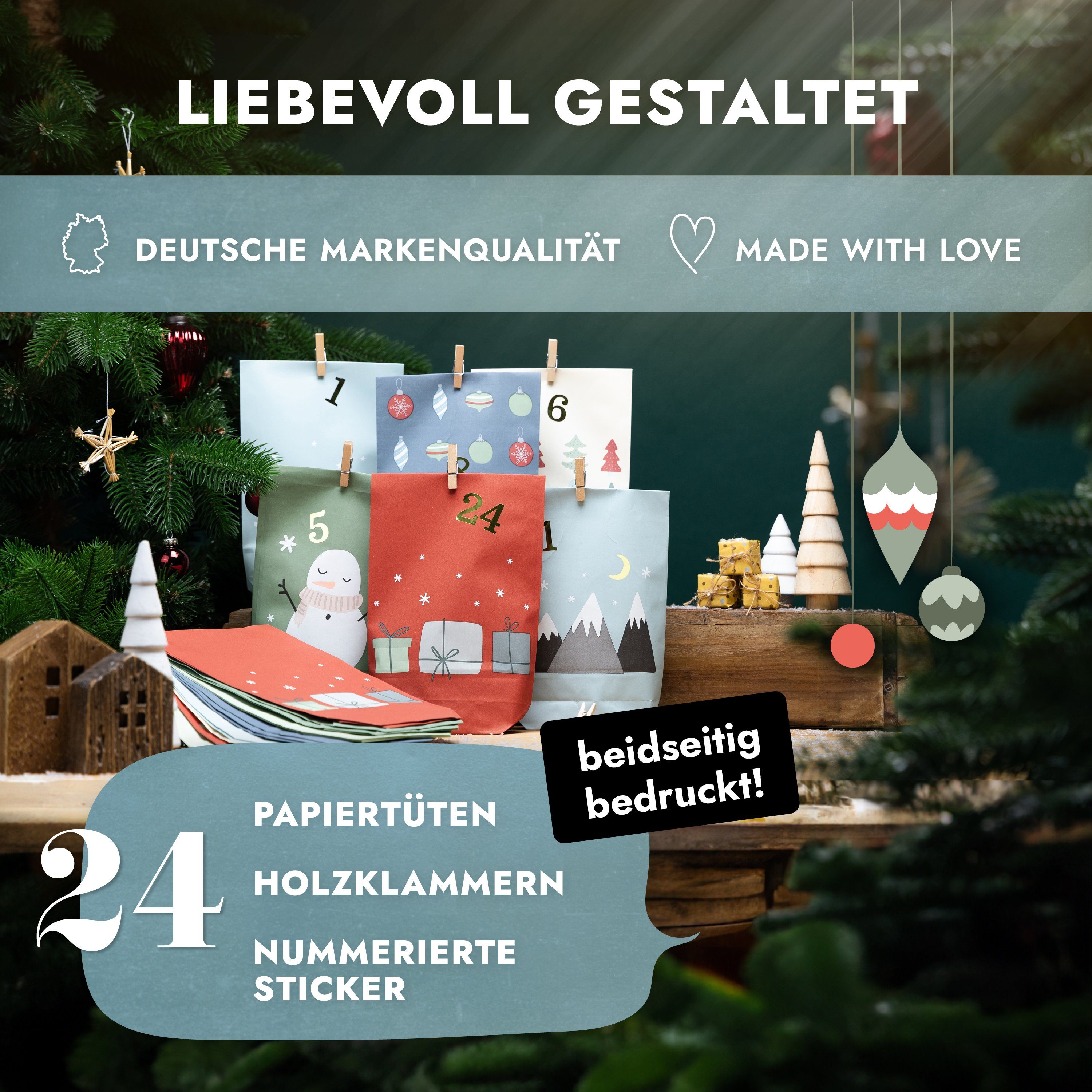 Amari befüllbarer Adventskalender Adventskalender zum Befüllen 2026, 24 Papiertüten 14×22 cm mit Zahlen (DIY Set, 72-tlg), Designs für Kinder & Erwachsene, wied – Bild 2 von 5