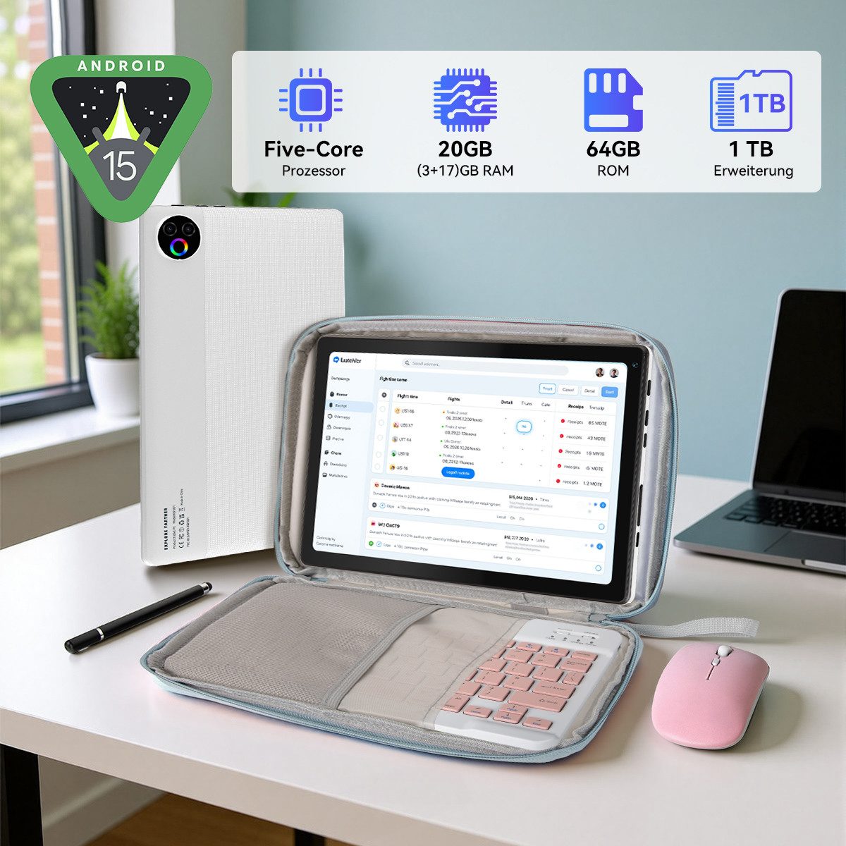 BUFO 10 Zoll Android 15, 20(3+17)GB+64GB, 1280x800 HD Display, WiFi 6 Tablet (10", 64 GB, Android, WiFi, mit Tastatur, Maus, Stift und praktischer Tragetasche)