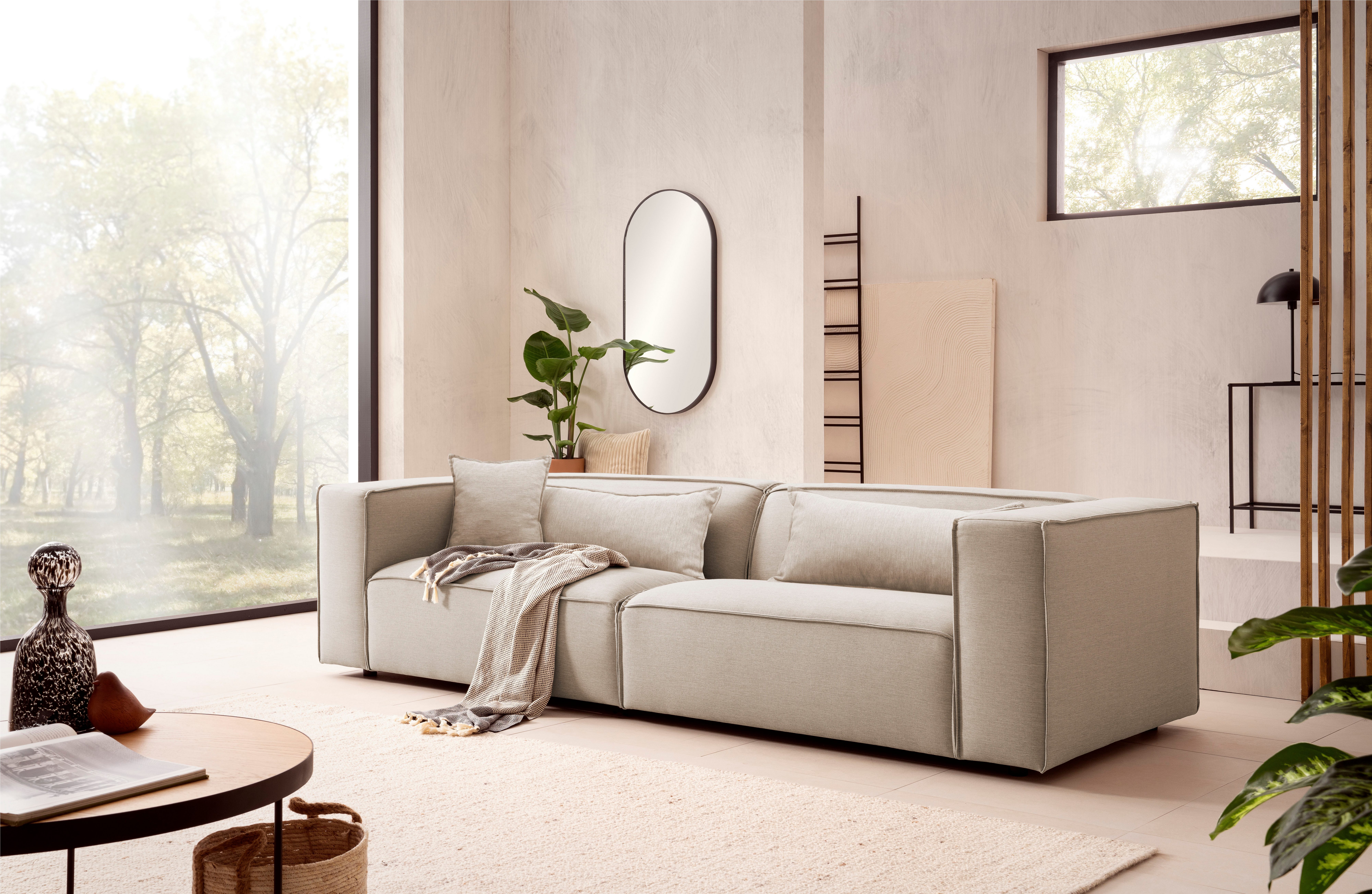 LeGer Home by Lena Gercke 3-Sitzer PIARA, Couch mit Kedernaht, Sofa in Cord, Leinenoptik o. Strukturstoff, schwarze Füße, bequemer Sitzkomfort