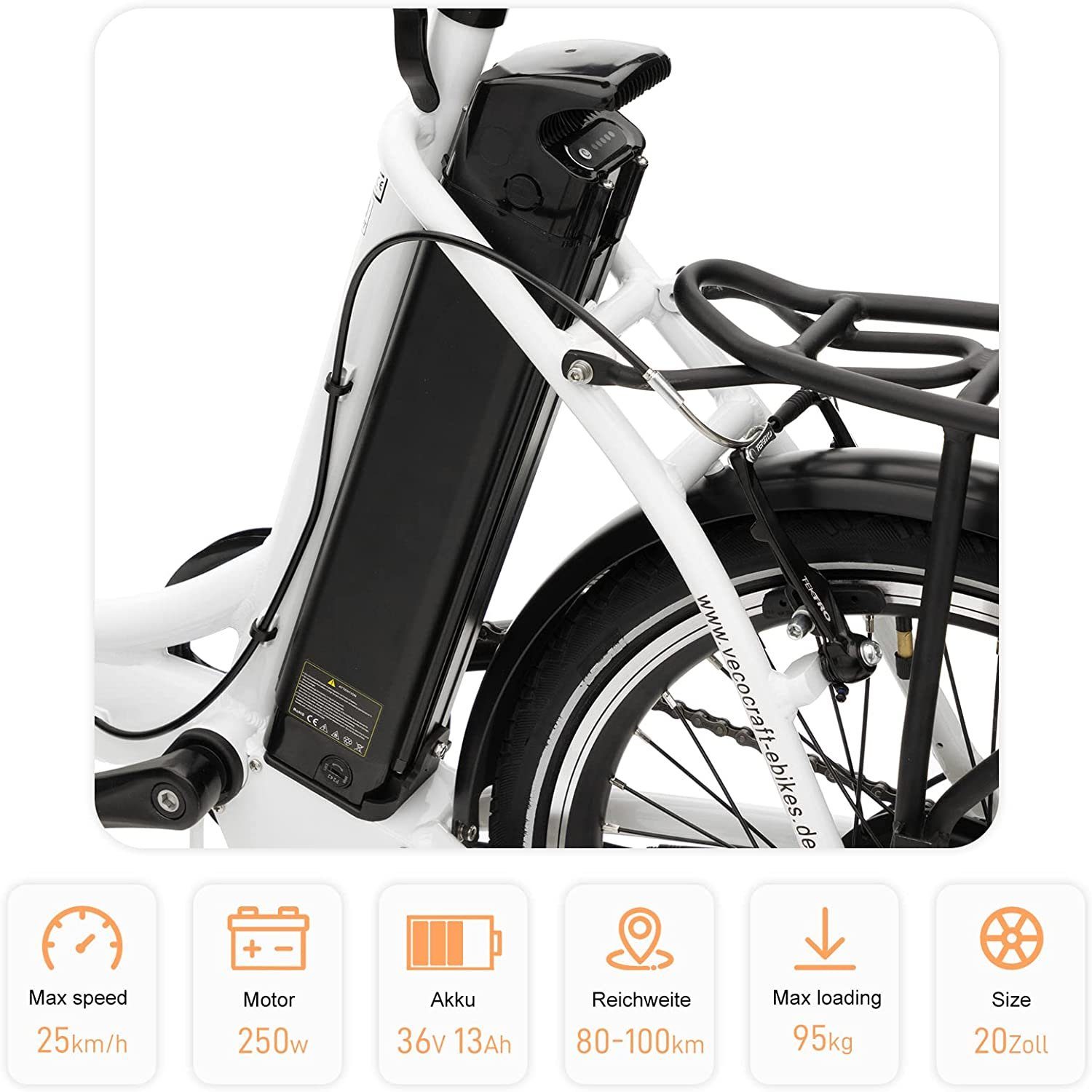 VECOCRAFT E-Bike Faltrad E-Pax 20Zoll, 7 Gang Shimano Schaltwerk, Kettenschaltung, Heckmotor, 468,00 Wh