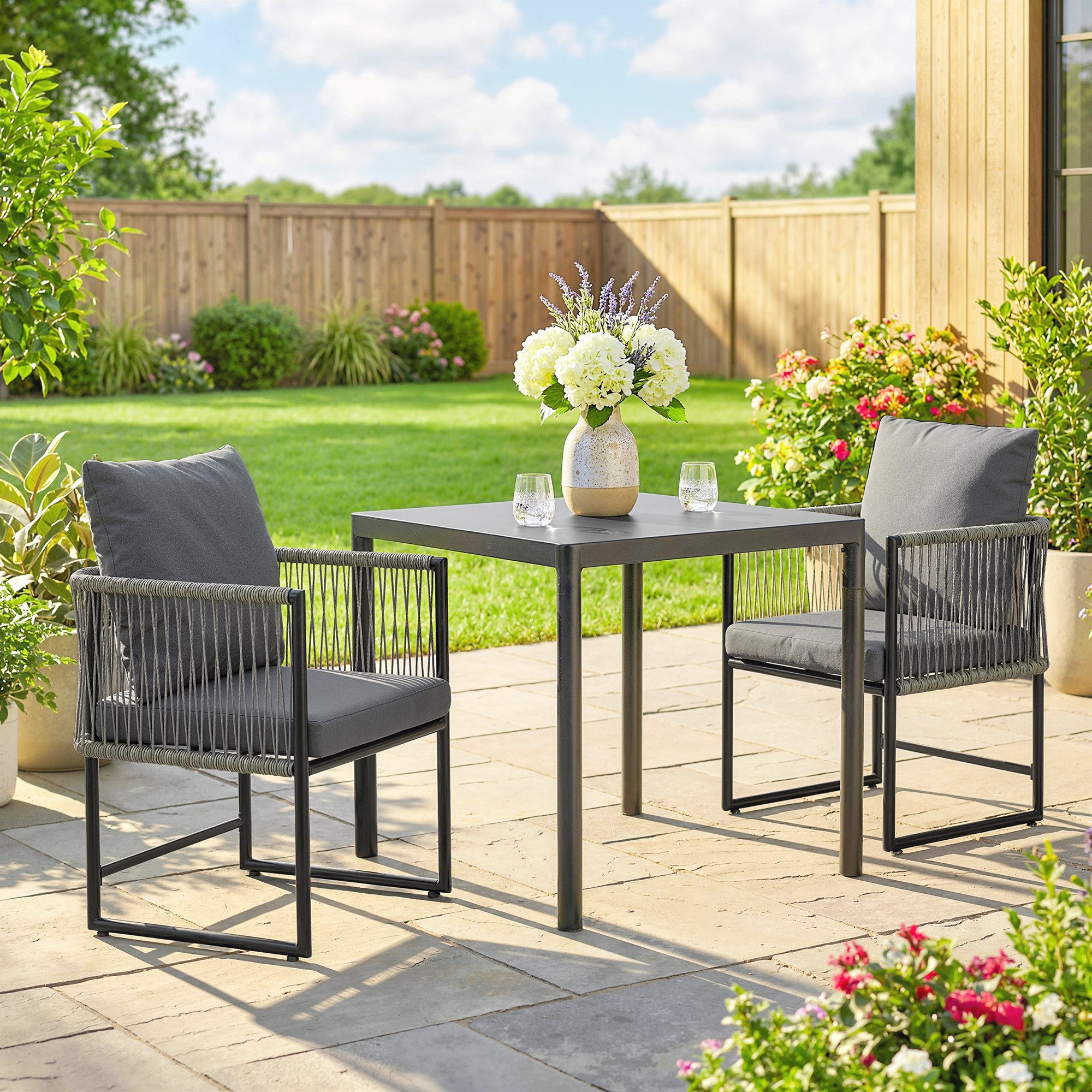 Outsunny Gartenstuhl Gartensessel mit Kissen Armlehne Rückenlehne (wetterfest Terrassenstuhl, 2 St), für Hinterhof, Garten, Balkon Dunkelgrau