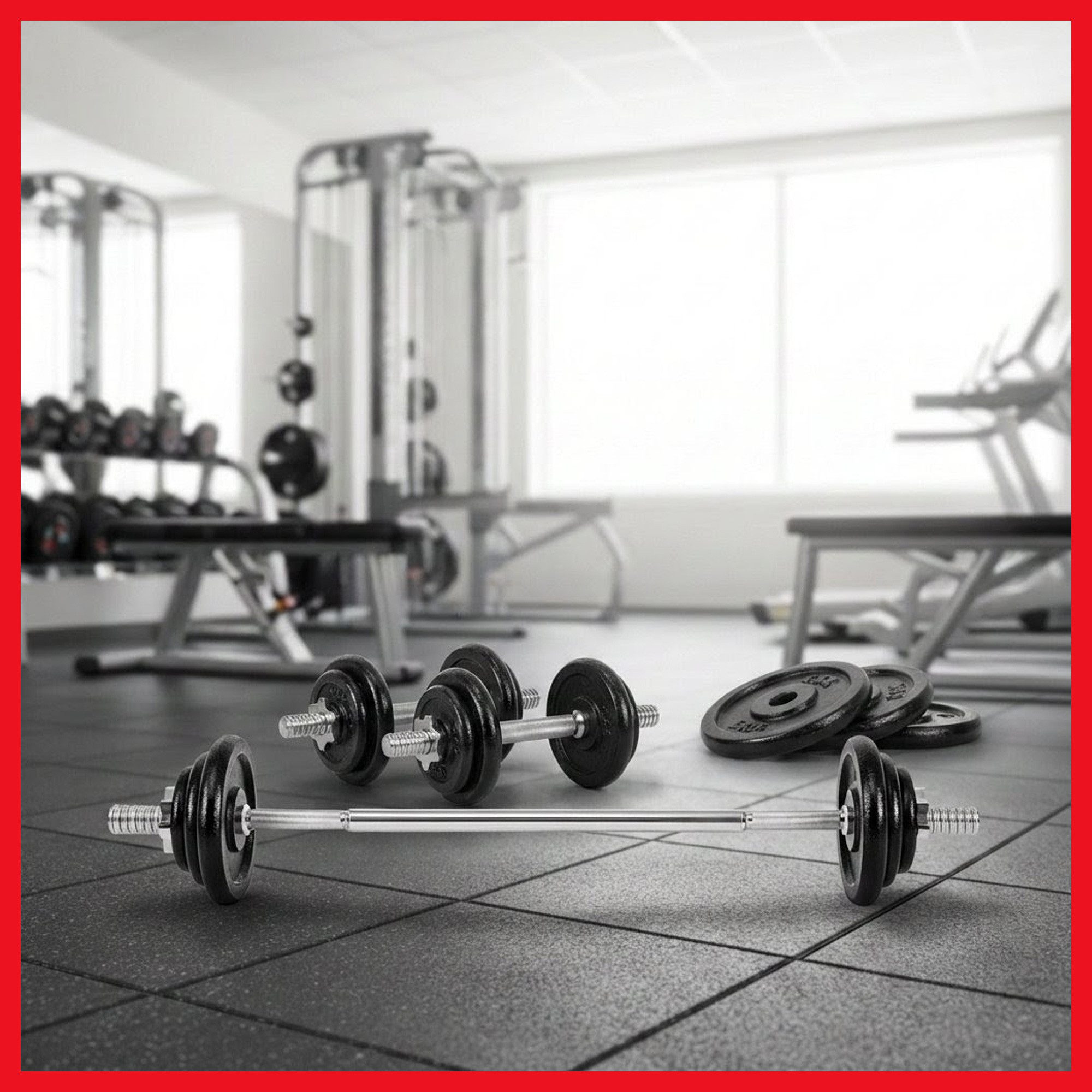 PeakPower Hantel-Set voll Metall-Hantelscheiben Komplett, Kurzhanteln und Langhantelstangen