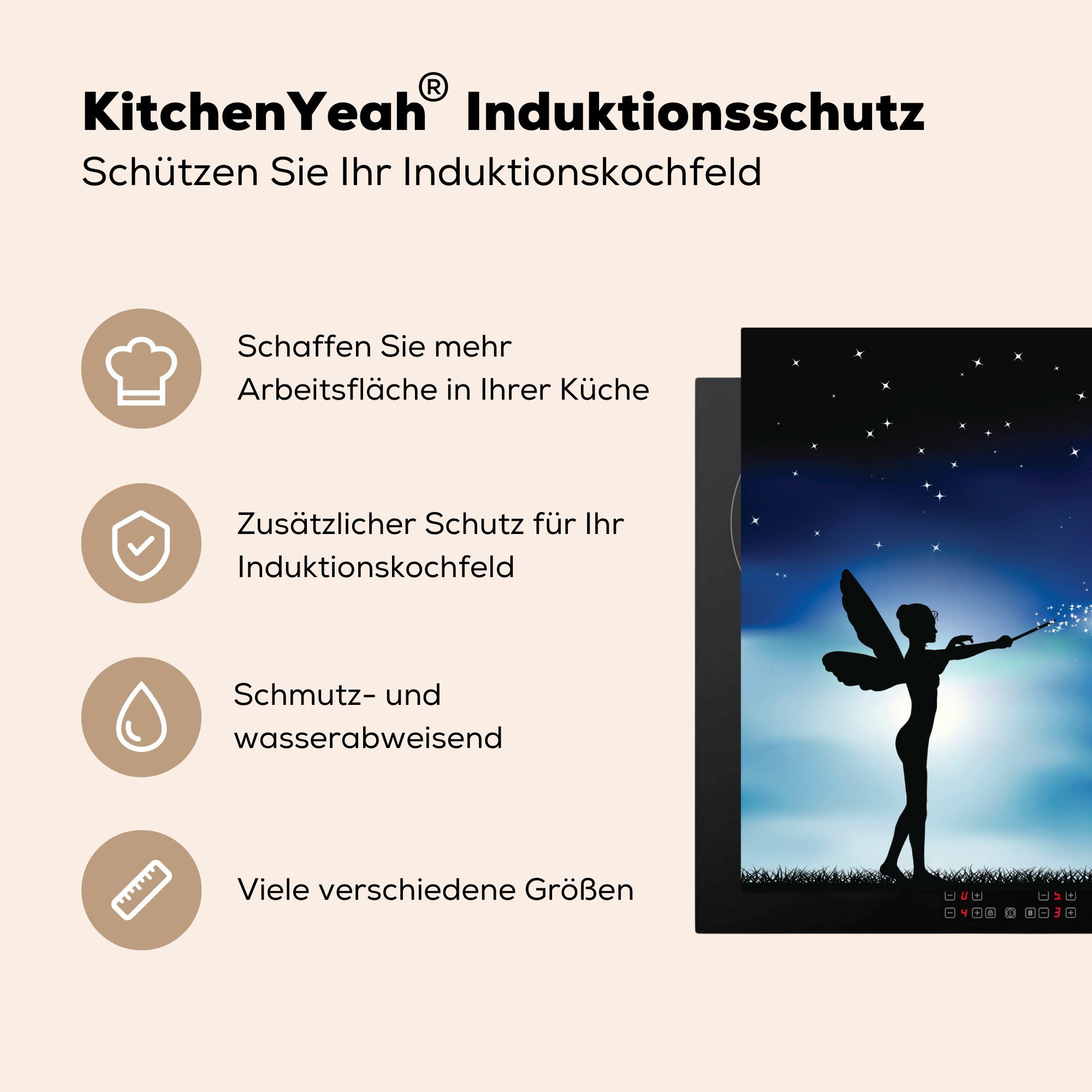 Arbeitsfläche tlg), Zauberstab Fee, benutzt, Eine (1 Illustration Herdblende-/Abdeckplatte Vinyl, einer Mobile 70x52 Ceranfeldabdeckung cm, ihren MuchoWow die nutzbar,