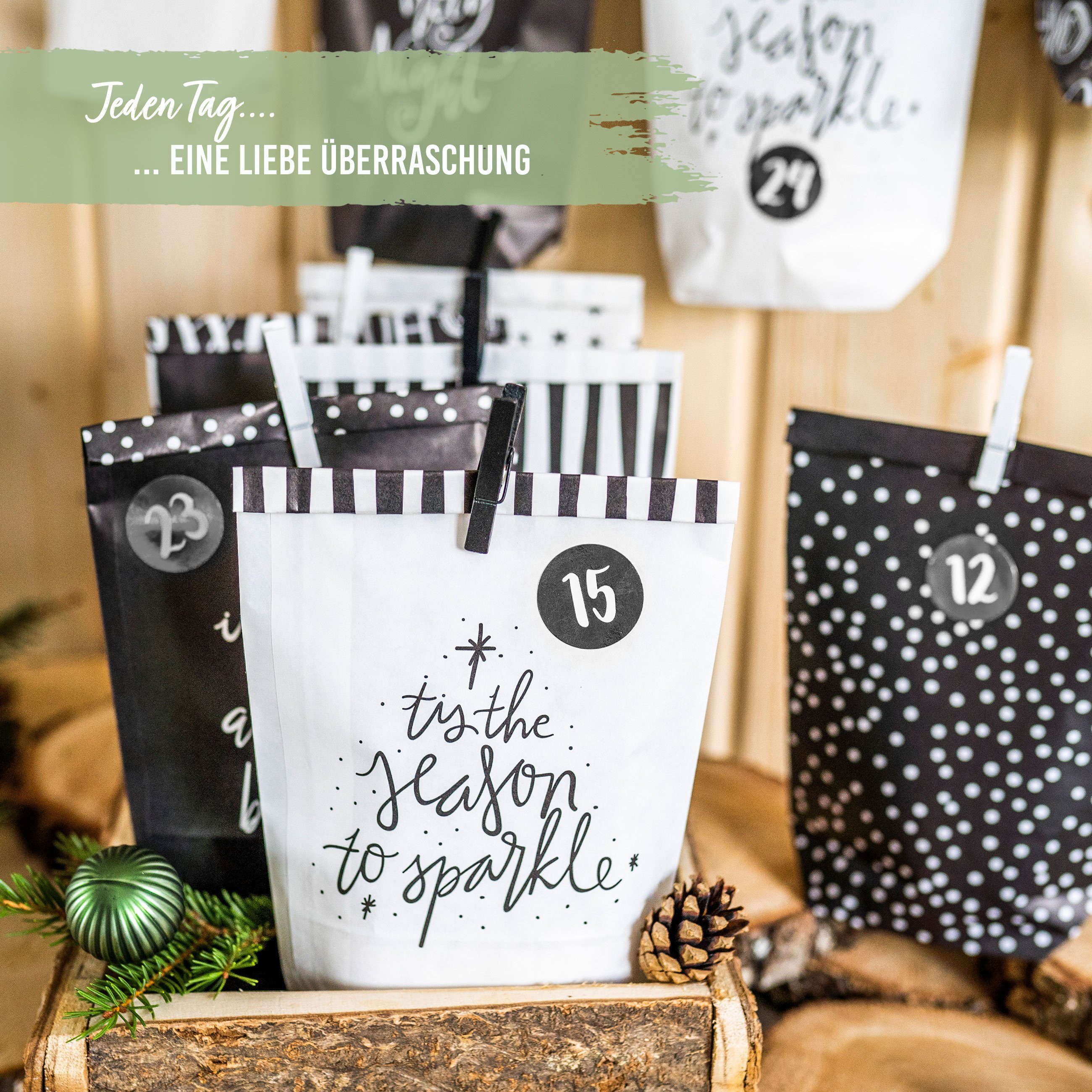 PAPIERDRACHEN befüllbarer Adventskalender Adventskalender mit bedruckten Tüten, Adventskalender zum selber befüllen