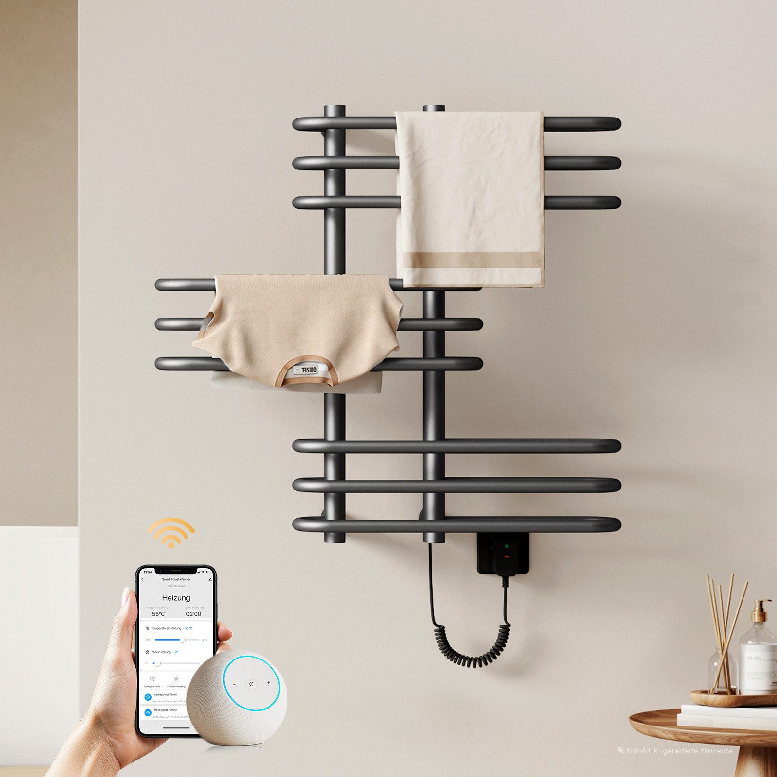 EMKE Elektrischer Badheizkörper Elektrischer Handtuchheizkörper 375 W mit Smart Home, Smart Home, 6 Heizprogramme und flexible Temperatursteuerung