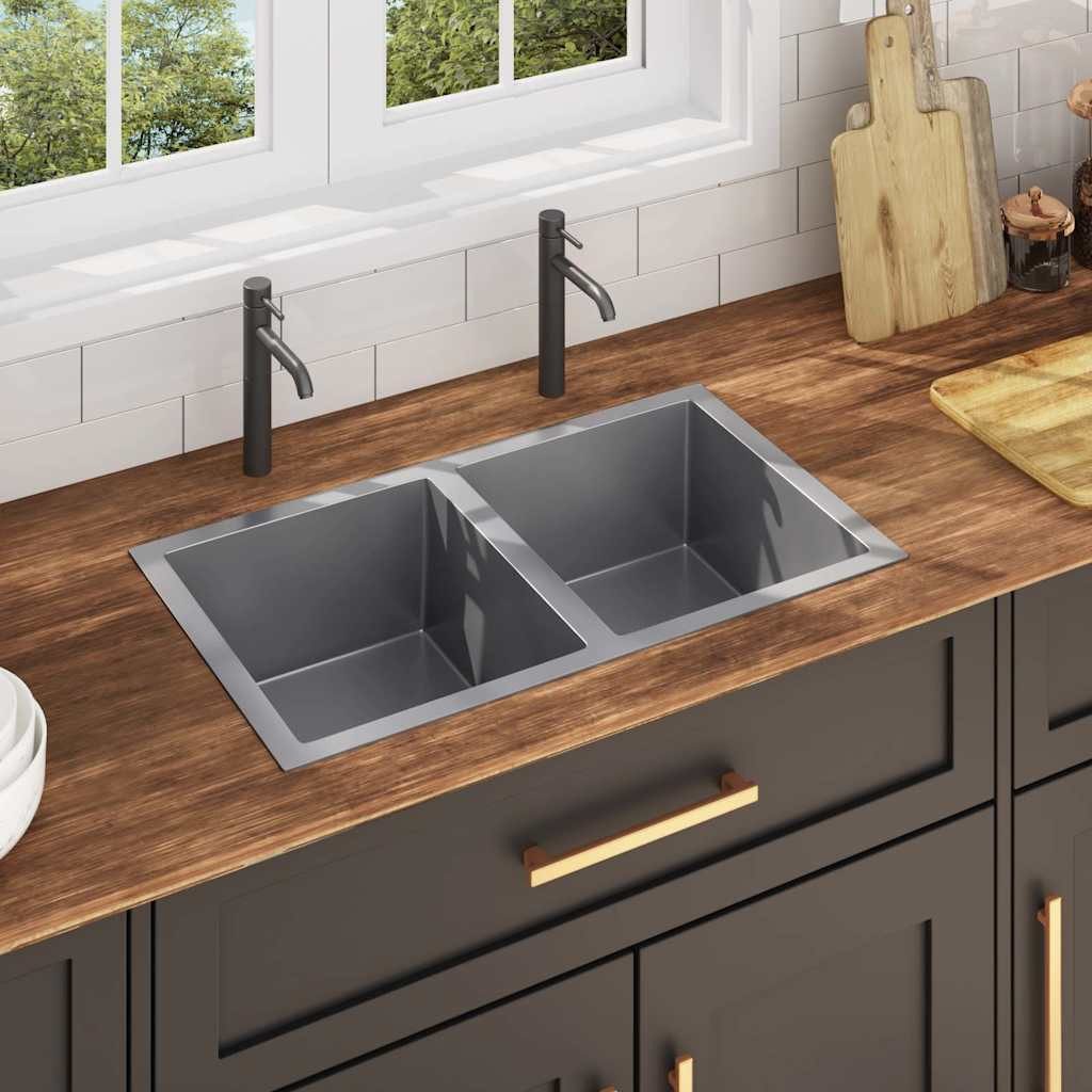 vidaXL Granitspüle Handgefertigte Küchenspüle Edelstahl, 44/76 cm – Bild 2 von 5