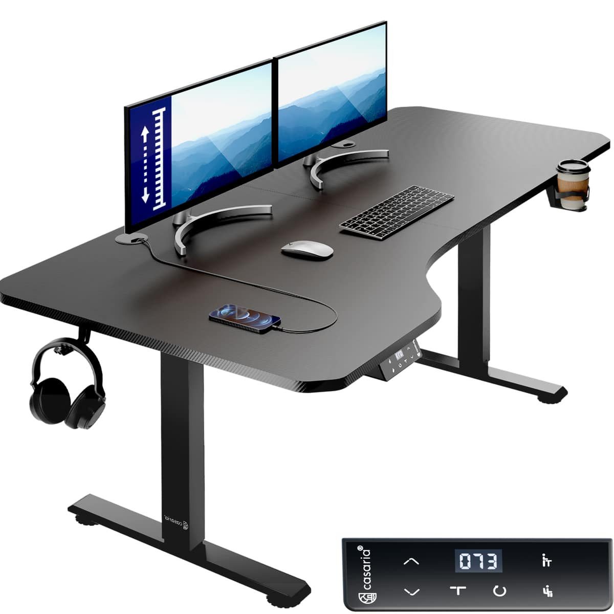 Casaria Schreibtisch, Höhenverstellbar Elektrisch 160x75cm L-Form LCD- Display Stahlgestell