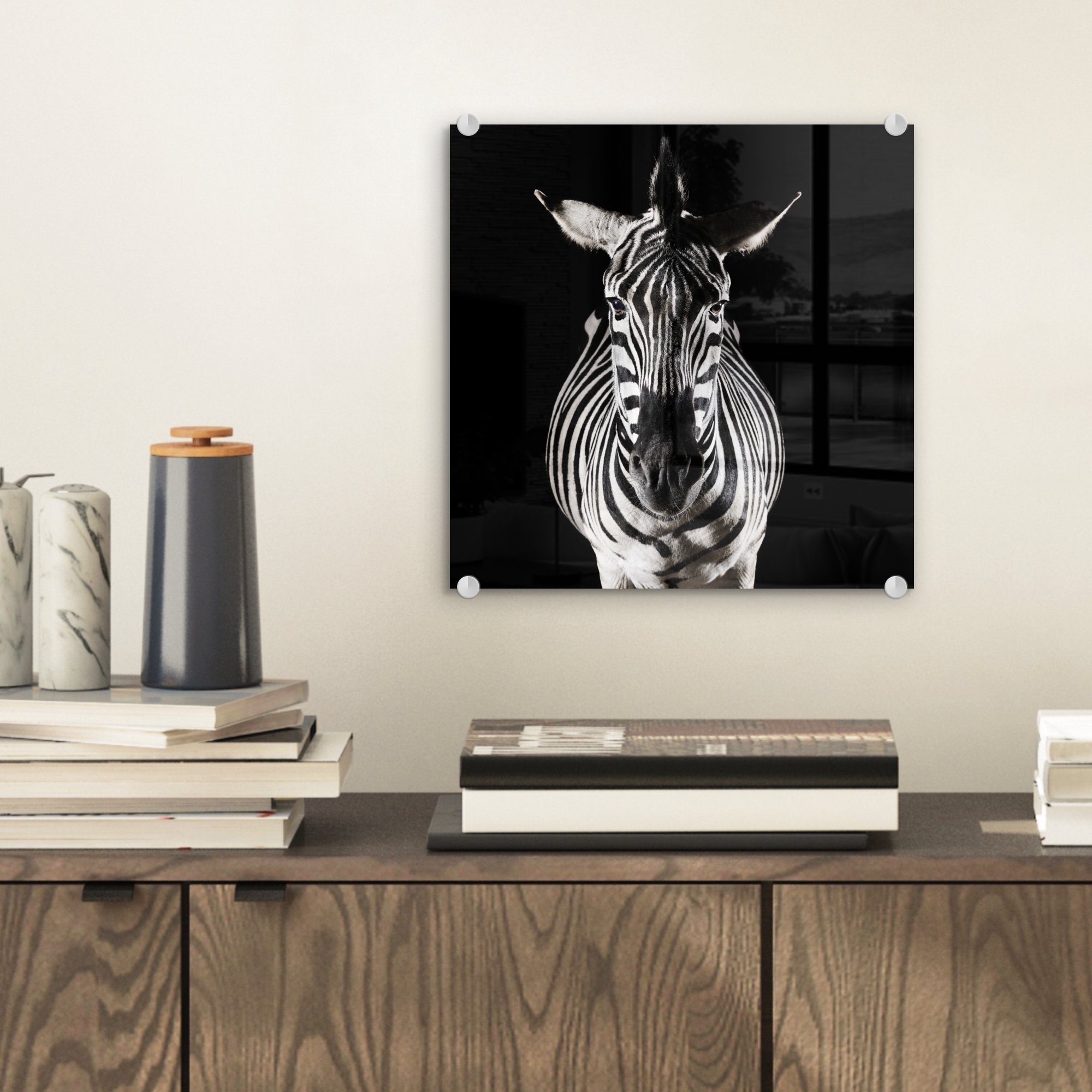 MuchoWow Acrylglasbild Zebra auf (1 - auf schwarzem St), Glas - Foto Glas auf Wanddekoration Hintergrund, - Bilder Glasbilder Wandbild