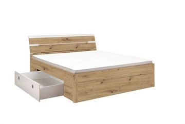 möbelando Bett Isobel, Modernes Bett aus Spanplatte in Artisan Eiche Nachbildung, Absetzungen in Weiß mit 2 Schubkästen, inkl. Kopfteilbeleuchtung. Breite 145 cm, Höhe 97 cm, Tiefe 205-216 cm, Liegefläche 140x200 cm