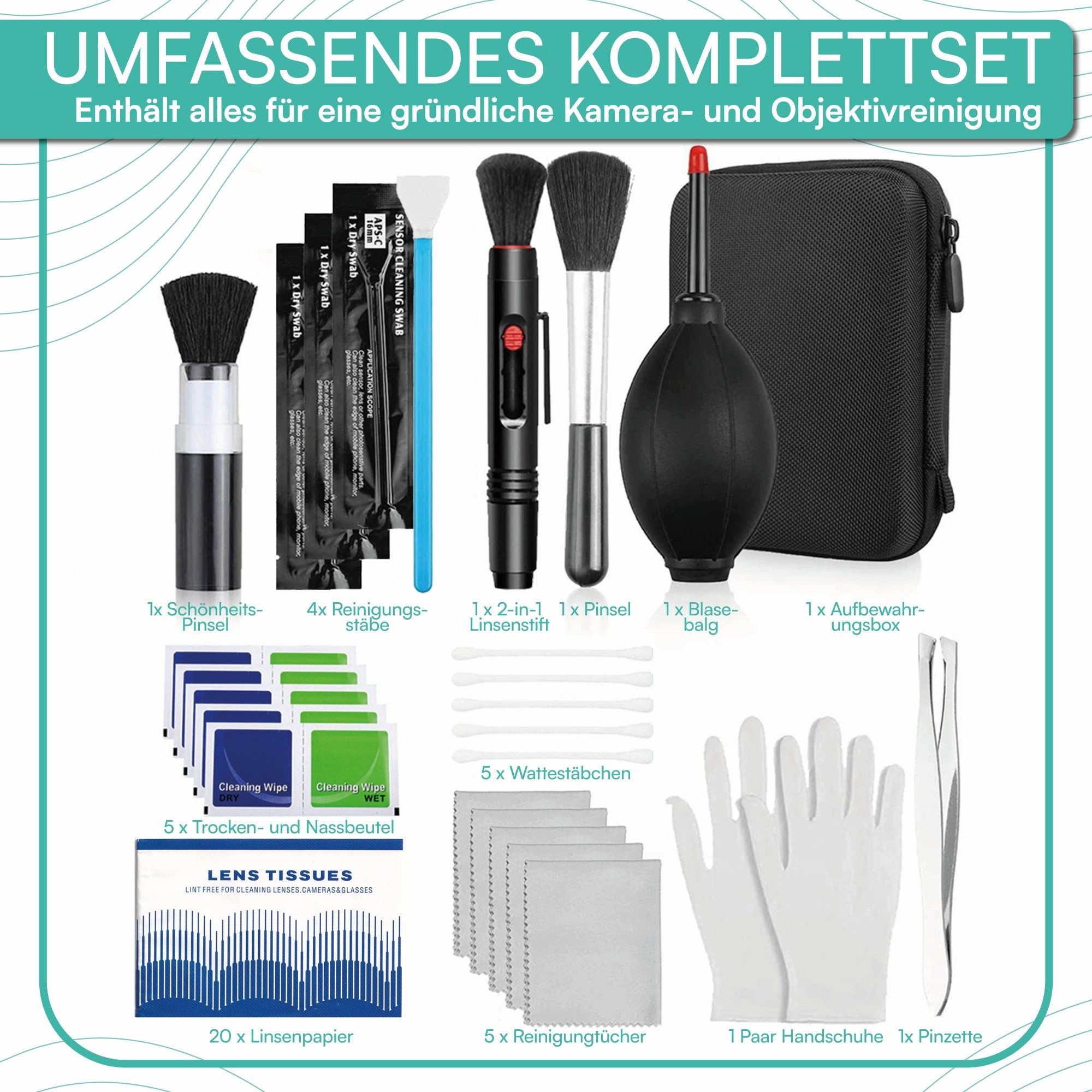 pixly Linsenreiniger Kamera-Reinigungsset 16-teilig Sensor- & Objektiv-Reinigung, mit Blasebalg, Linsenstift, Mikrofasertüchern & APS-C/Vollformat Swabs – Bild 2 von 5